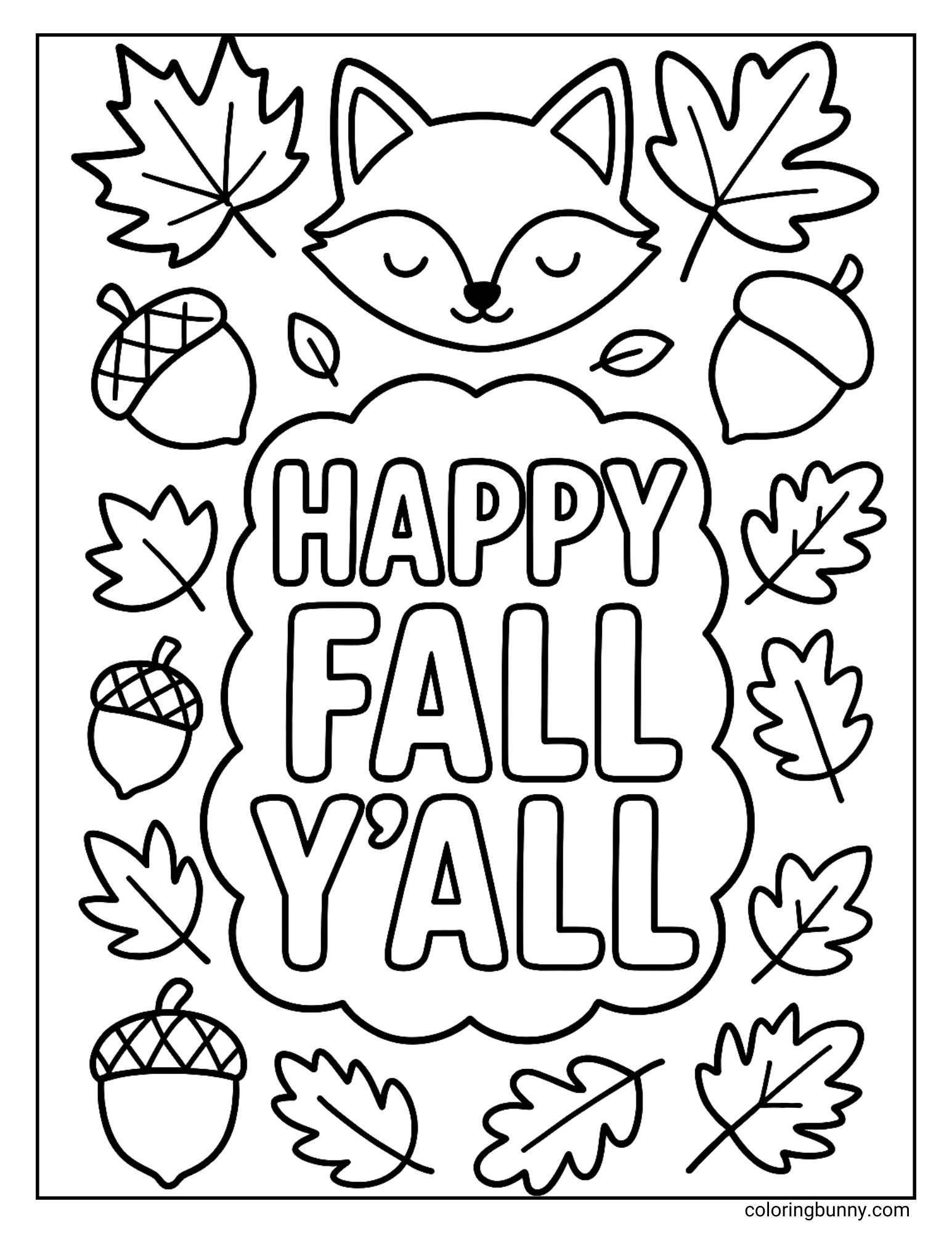 Cute fox with falling leaves and acorns surrounding the words “Happy Fall Y’all” in a fun autumn coloring page.