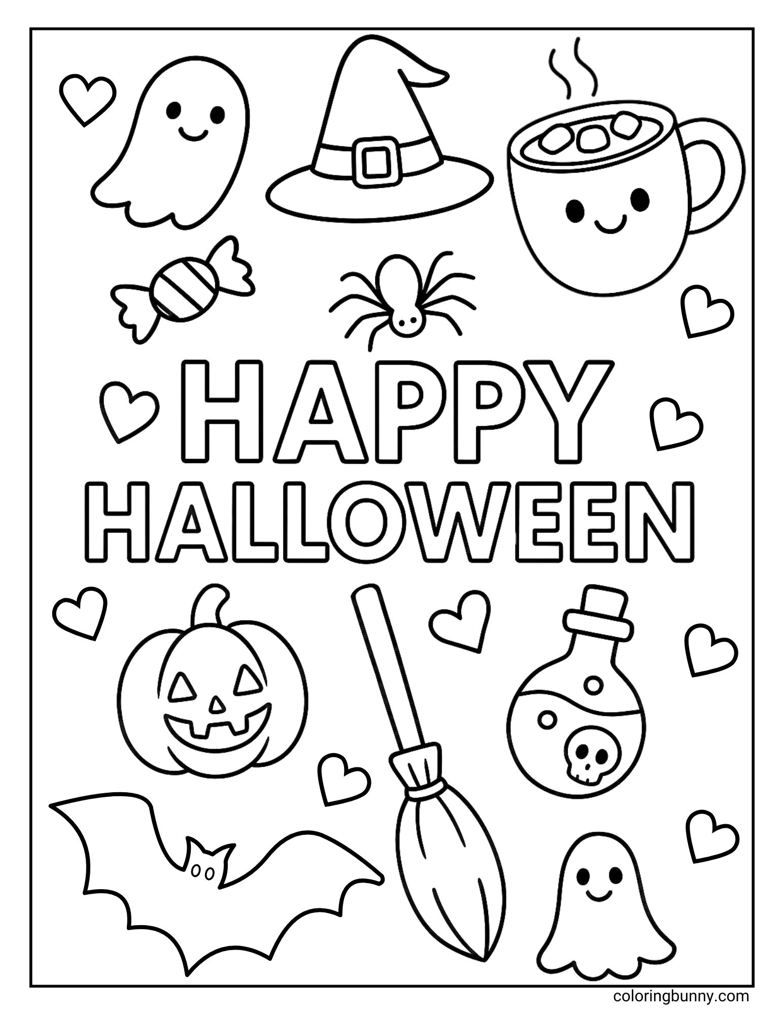 Cute Halloween coloring page with ghosts, pumpkin, bat, candy, witch hat, broom, potion, spider, hot cocoa, and Happy Halloween text.