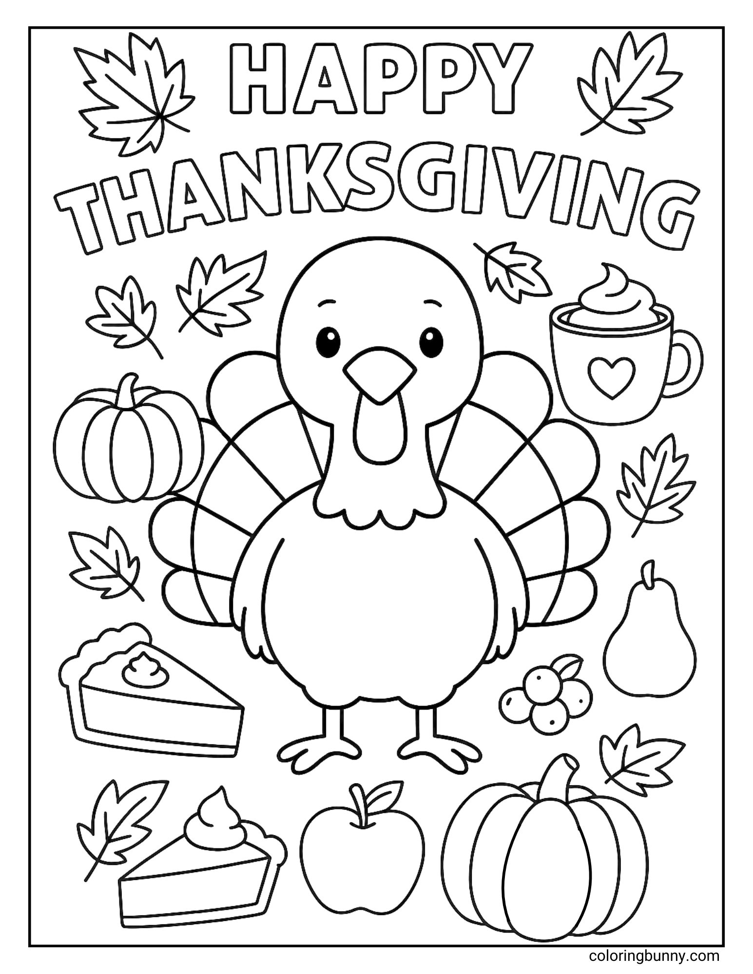 A festive Thanksgiving coloring sheet filled with sweet treats and autumn leaves. A cute turkey is in the center, surrounded by two slices of pie, pumpkins, an apple, a pear, and a cozy mug. The words 'Happy Thanksgiving' are at the top.