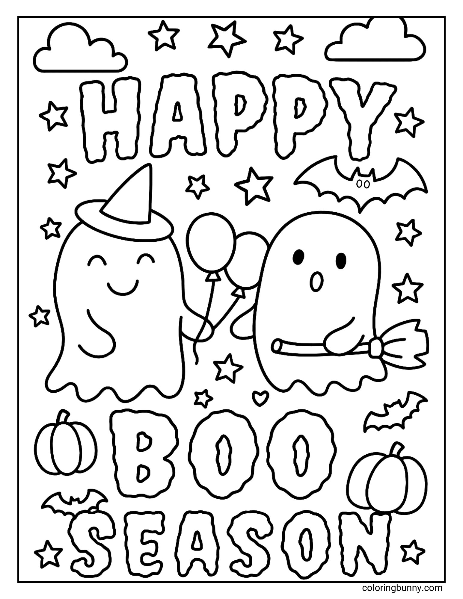 Fun Halloween coloring page with two cute ghosts, balloons, broom, bats, pumpkins, stars, and Happy Boo Season text.