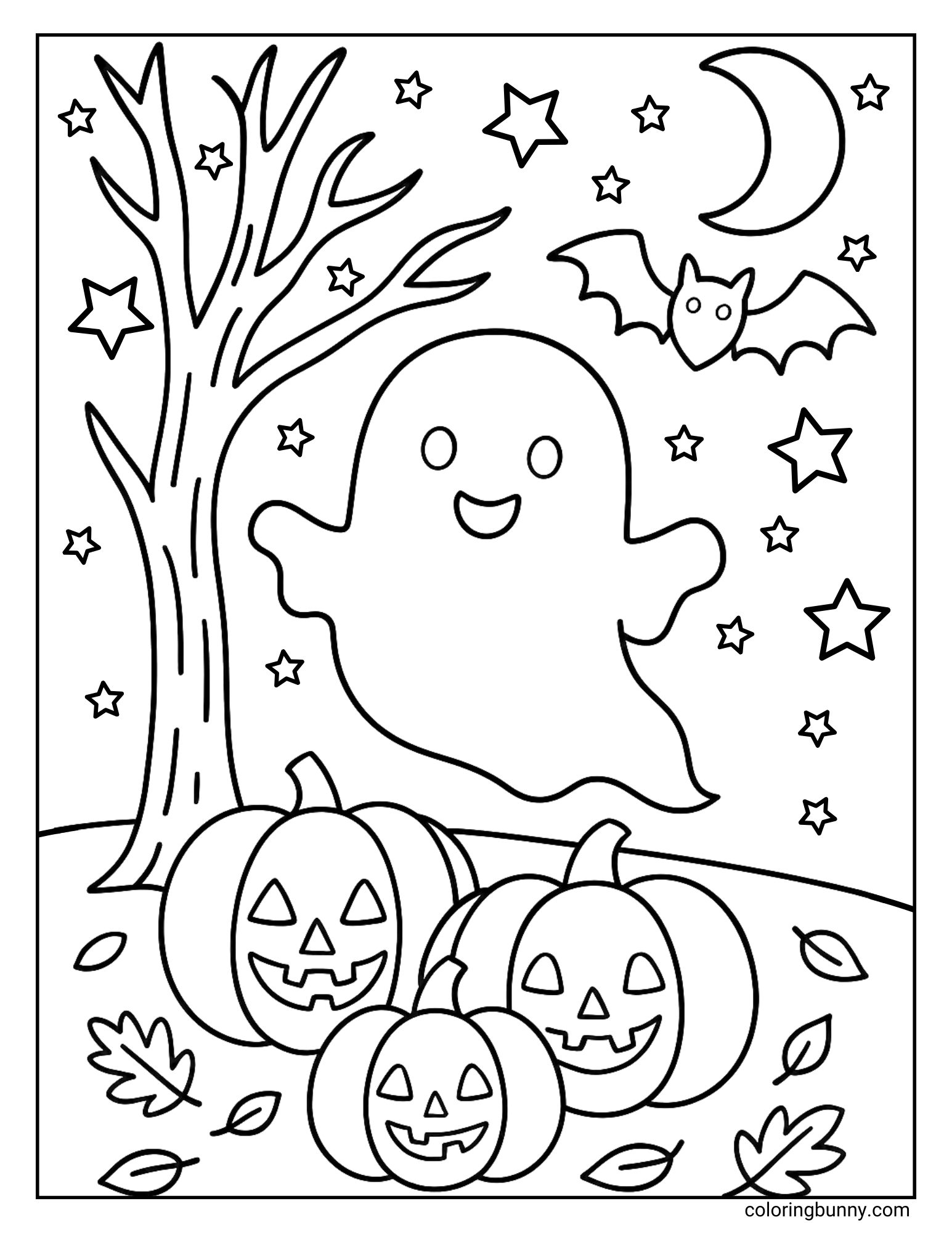 A delightful Halloween coloring sheet showing a happy ghost floating in a pumpkin patch at night. The scene is complete with a spooky tree, a flying bat, and a crescent moon with many stars in the sky.