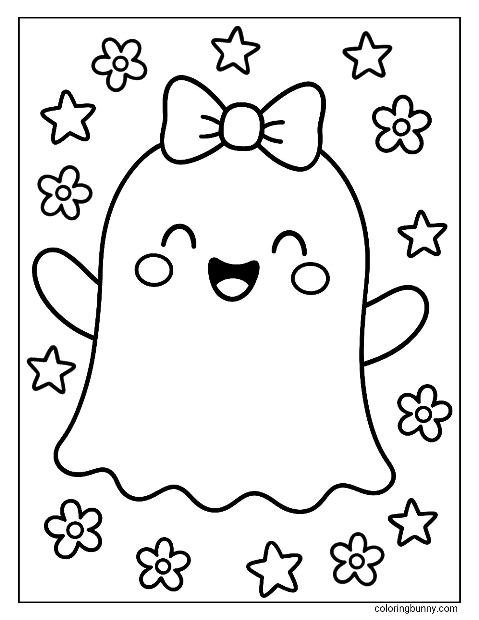 A super happy girl ghost with a big bow on her head makes a great subject for this coloring page of pure joy. The background is a fun pattern of simple flowers and stars for extra coloring fun.
