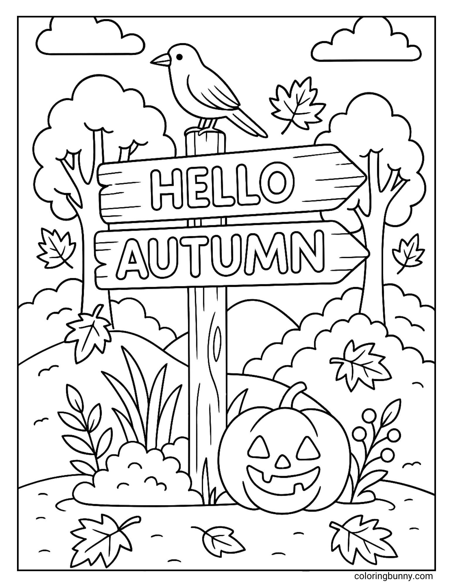 Hello Autumn sign coloring page with a crow sitting on top, a jack-o-lantern pumpkin at the base, autumn leaves, trees, and rolling hills in the background.