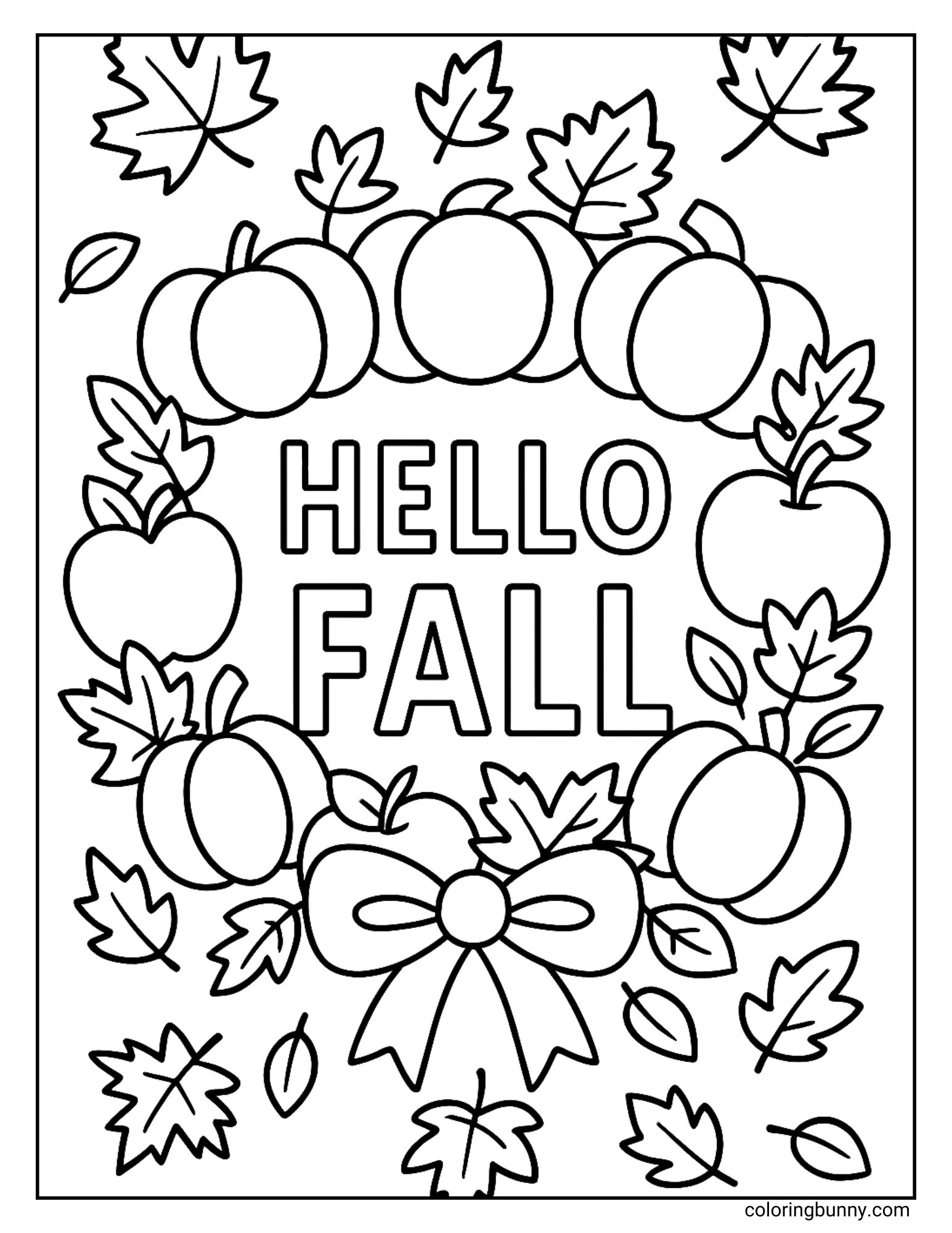 Cute autumn scene with pumpkins, apples, leaves, and a bow surrounding the words “Hello Fall” in a festive coloring page.