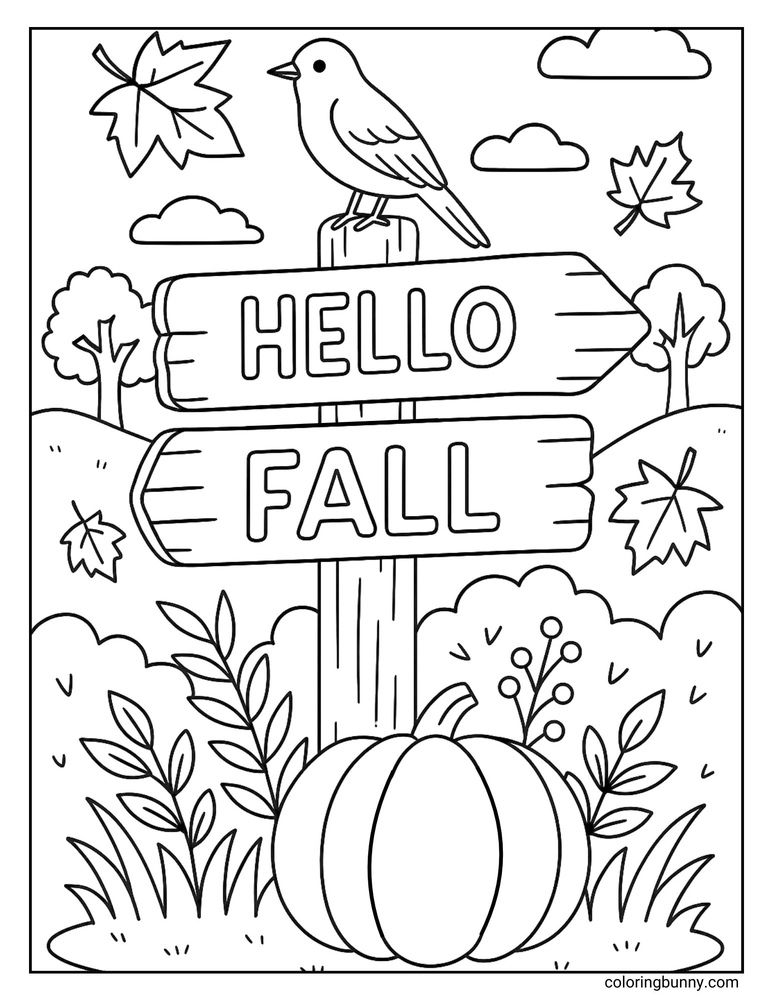 A lovely fall coloring page of a wooden signpost in the countryside that reads 'Hello Fall'. A songbird is perched on top of the sign, and a large pumpkin rests at its base among plants and falling leaves.