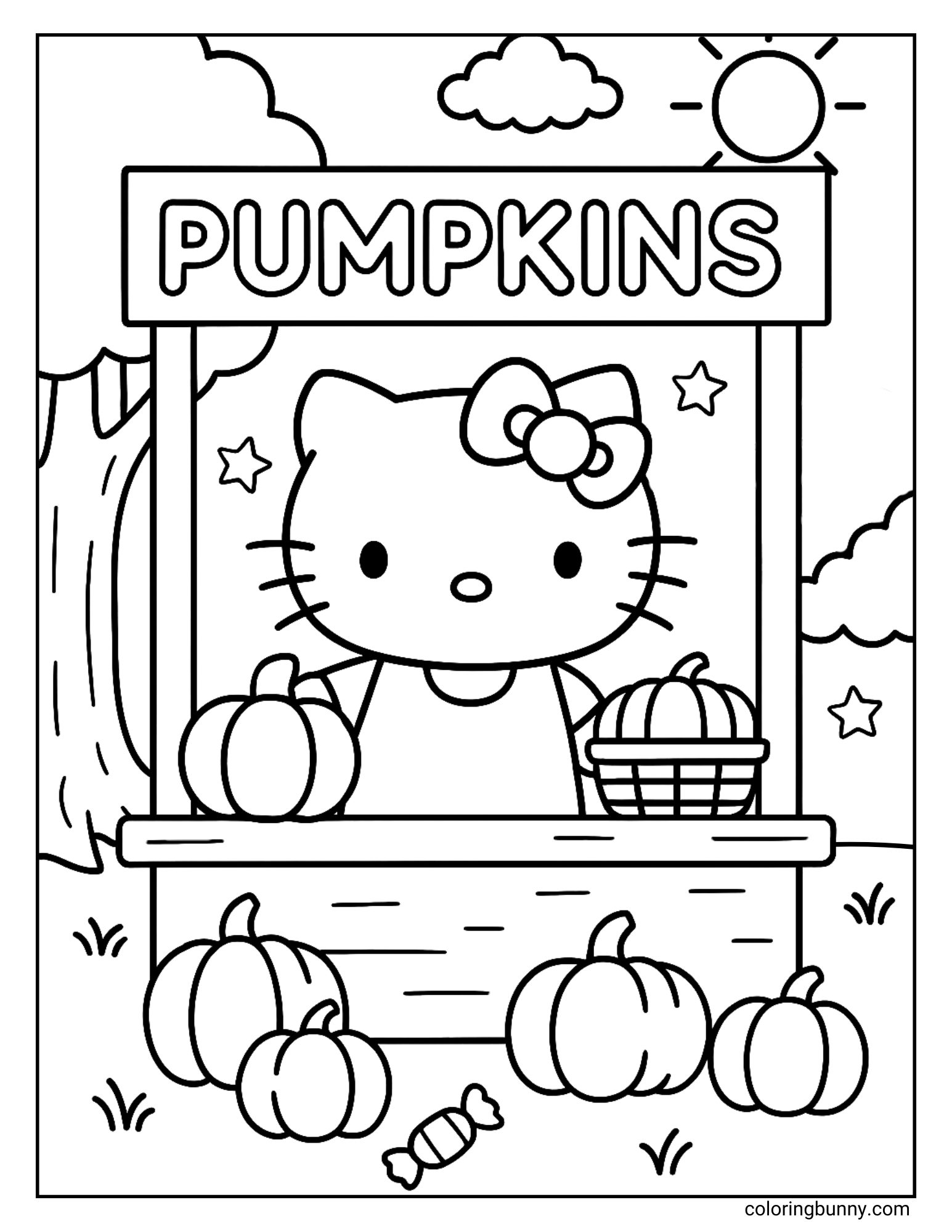 A Hello Kitty Halloween coloring page of Hello Kitty at a pumpkin stand with a basket of pumpkins and more pumpkins scattered around her, under a sunny sky with clouds and trees.