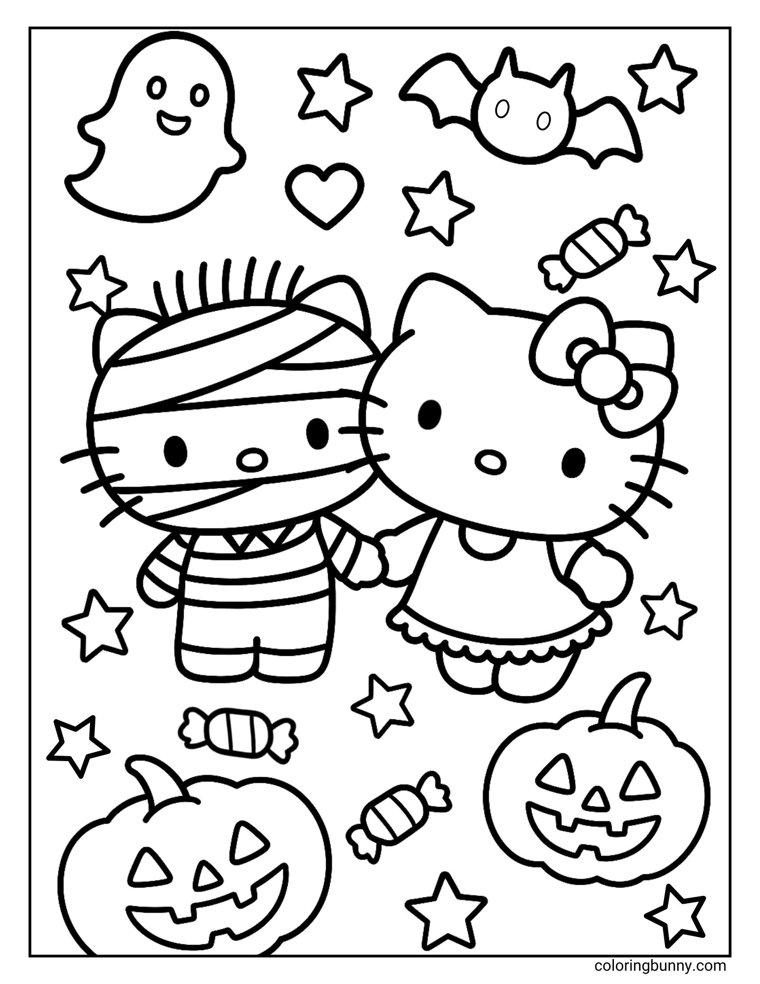 A Hello Kitty Halloween coloring page showing Hello Kitty with Dear Daniel, who is dressed as a mummy. They are surrounded by stars, candy, smiling pumpkins, a ghost, and a bat.