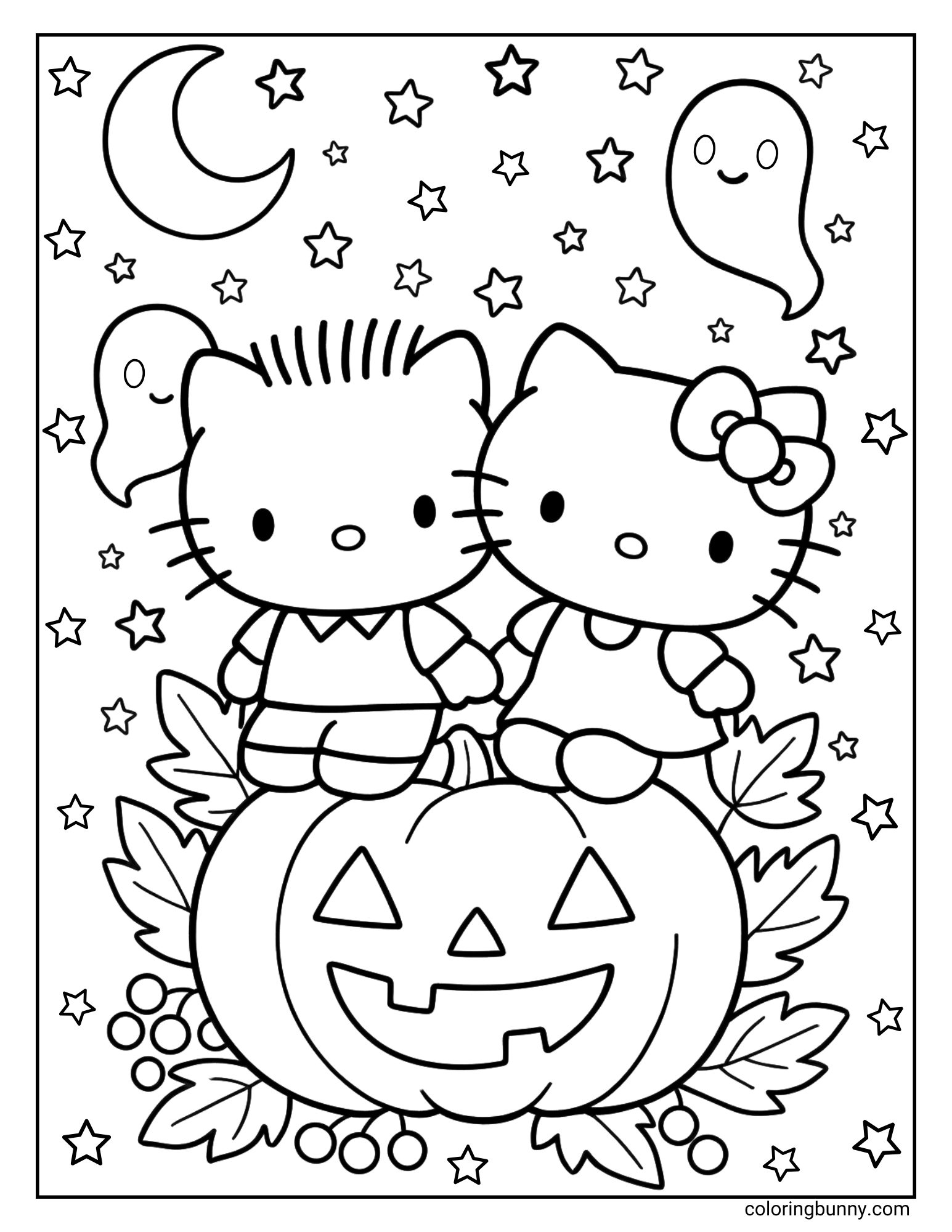 A Halloween coloring page of Hello Kitty and Dear Daniel sitting on a large carved pumpkin surrounded by leaves and berries. Above them are stars, a crescent moon, and two smiling ghosts.