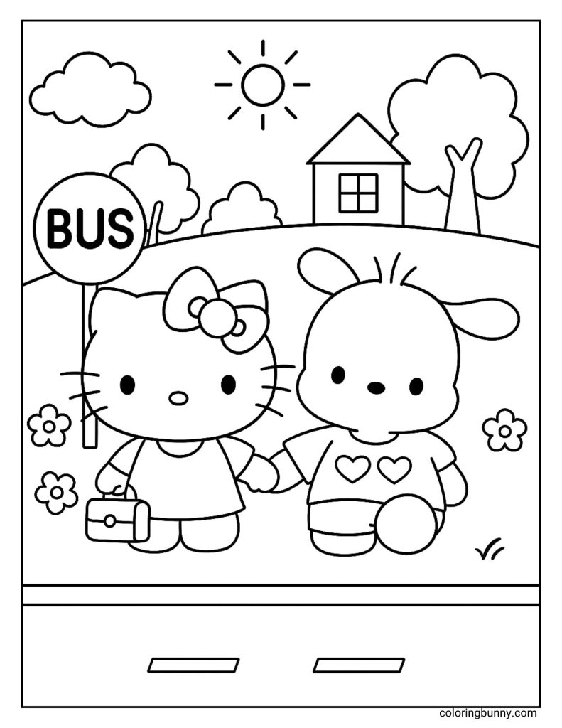 Coloring page of Hello Kitty and Pochacco holding hands and waiting at a bus stop, with a house, trees, and the sun in the background.