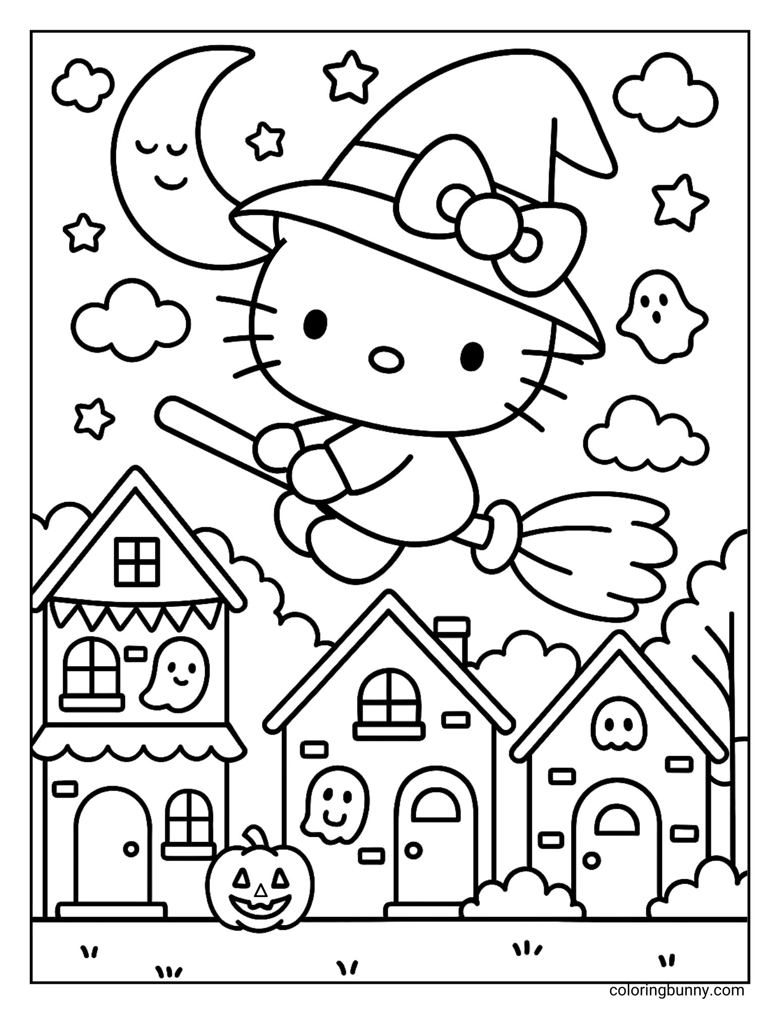 A Halloween coloring page featuring Hello Kitty dressed as a witch with a big bow on her hat. She rides a broomstick past a crescent moon, smiling stars, clouds, and little ghosts floating in the sky. Below are decorated houses with pumpkins and ghostly faces in the windows.