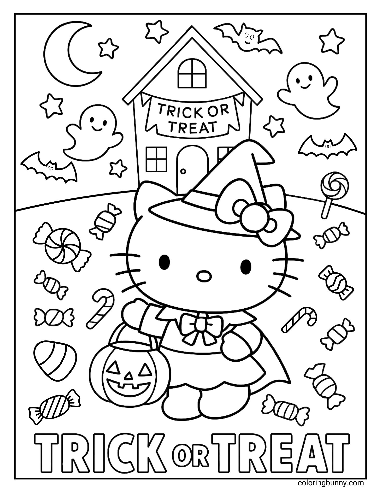 Coloring page of Hello Kitty in a witch costume holding a pumpkin bucket, standing in front of a “Trick or Treat” house surrounded by candy, bats, stars, and ghosts.