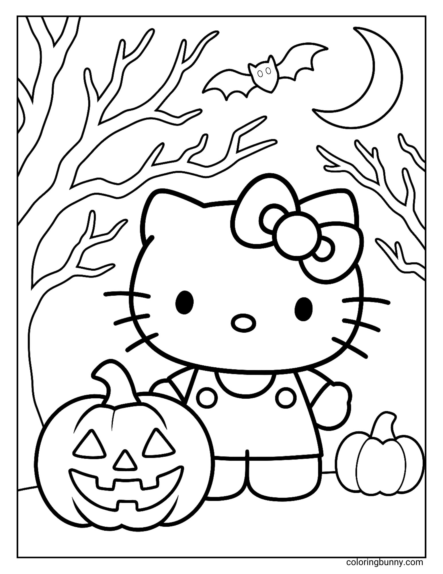 Coloring page of Hello Kitty standing in a spooky forest with bare trees, jack-o’-lanterns, pumpkins, a crescent moon, and a bat flying overhead.