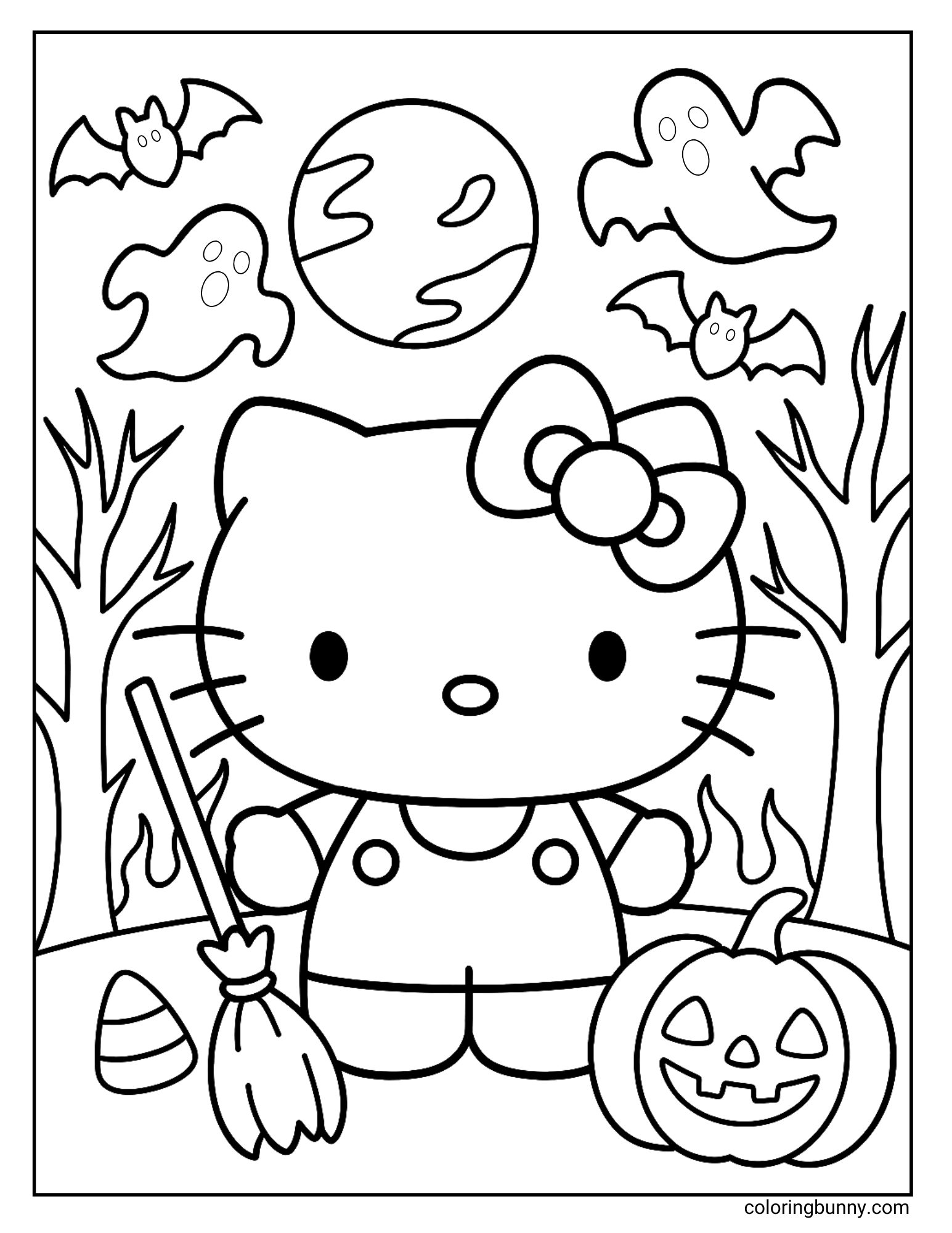 Coloring page of Hello Kitty standing in a spooky forest with bare trees, a broom, jack-o’-lantern, candy corn, and a glowing full moon in the sky with ghosts and bats flying around.