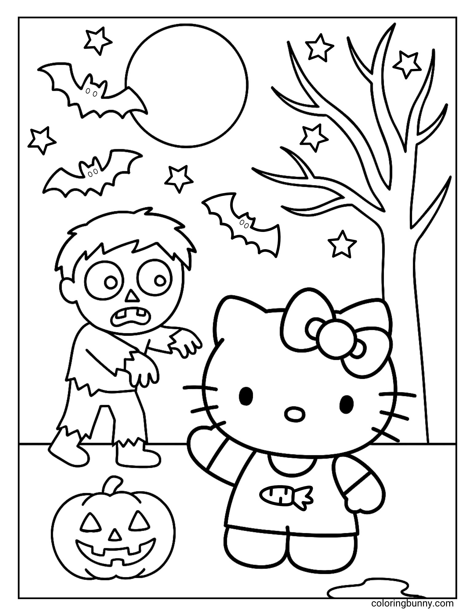 Coloring page of Hello Kitty smiling at a cartoon zombie with bats, a jack-o’-lantern, bare tree, and full moon in the background for a spooky but playful Halloween scene.