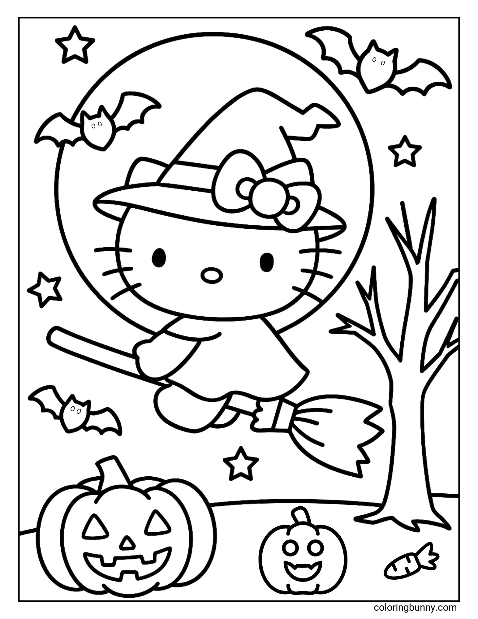 Coloring page of Hello Kitty dressed as a witch, flying on a broomstick past the full moon with bats, pumpkins, stars, and a spooky tree below.