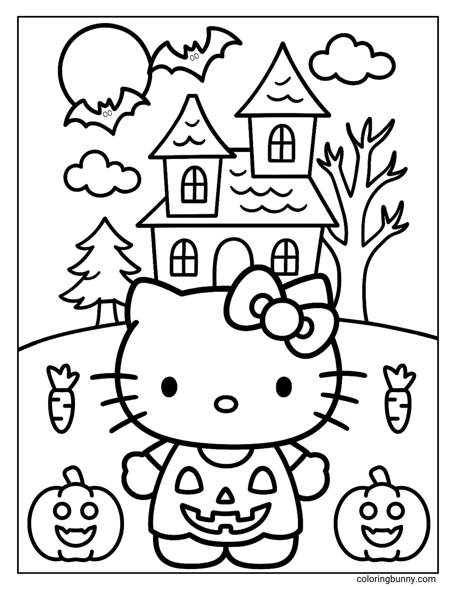 Hello Kitty Halloween coloring page showing Hello Kitty in a pumpkin costume standing outside a haunted house with bats, jack-o’-lanterns, trees, and a full moon in the sky.