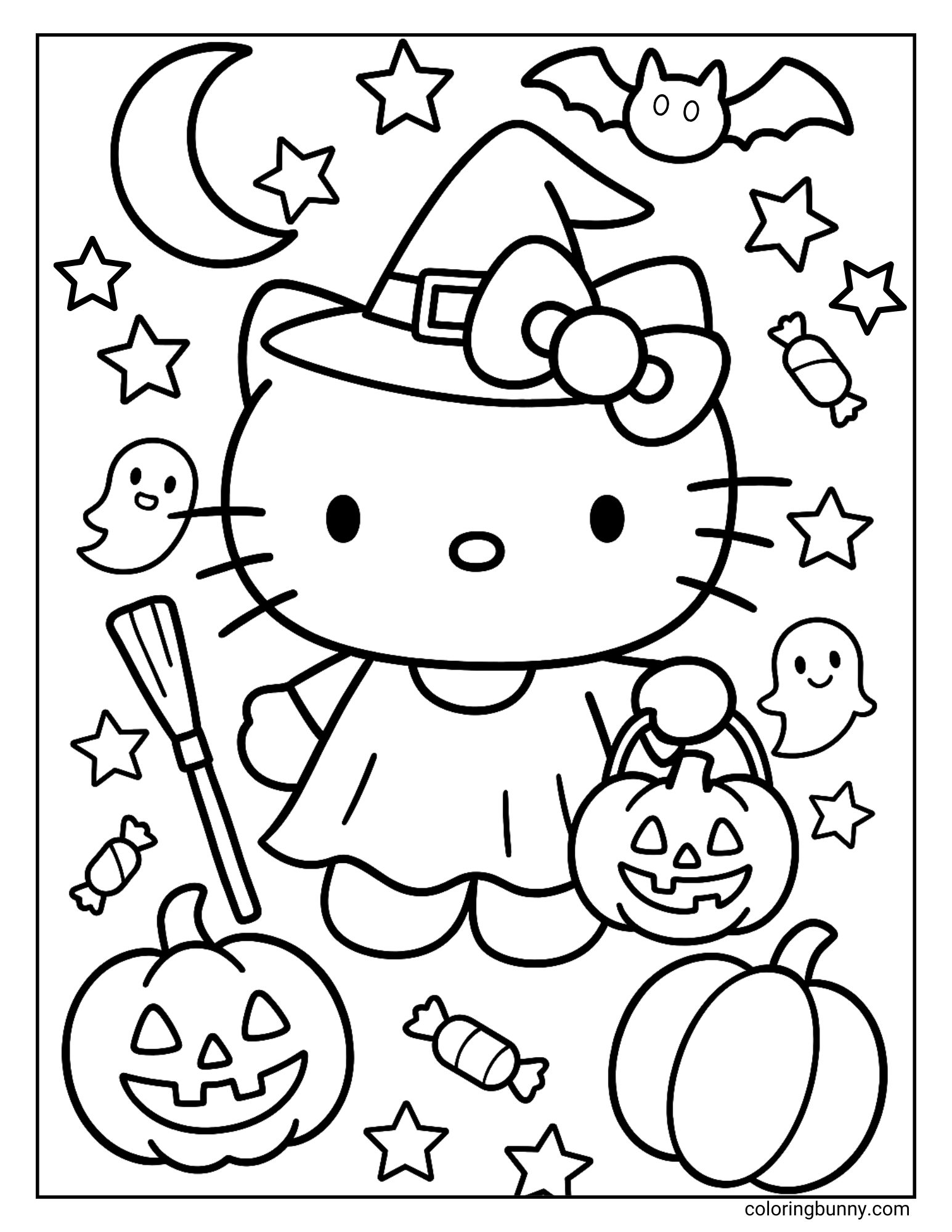 A Halloween-themed coloring page with Hello Kitty dressed as a witch and holding a pumpkin bucket and a broom, surrounded by ghosts, candy, bats, and jack-o'-lanterns.