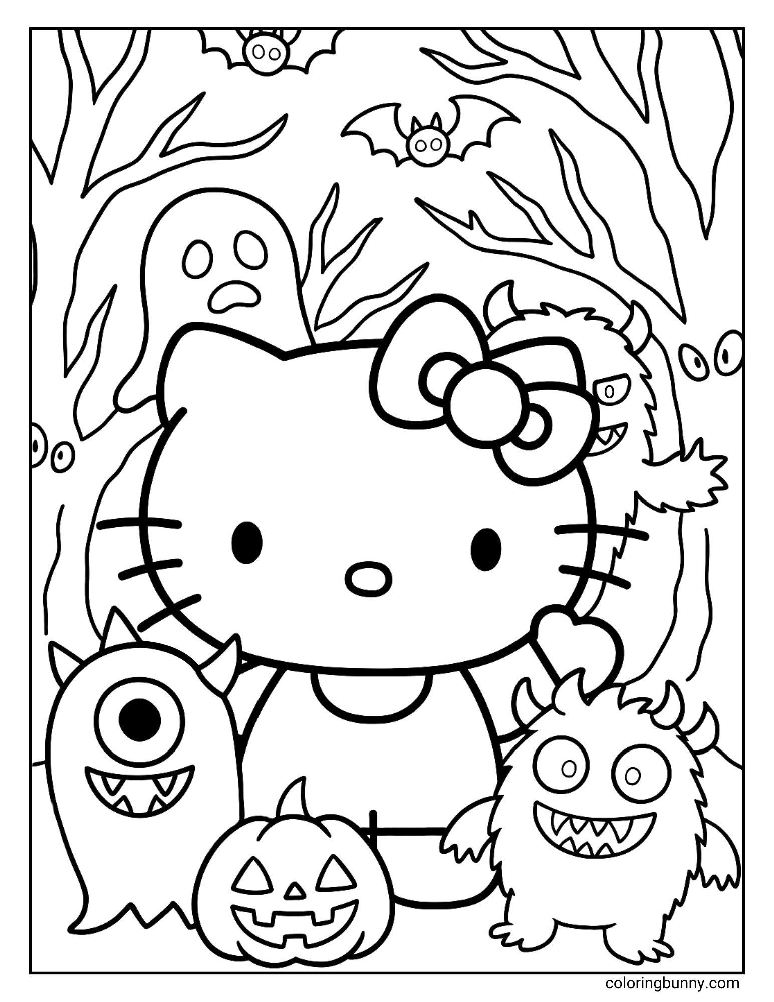 A Hello Kitty Halloween coloring page featuring Hello Kitty surrounded by friendly monsters with big smiles, jack-o’-lanterns, bats, and spooky trees.