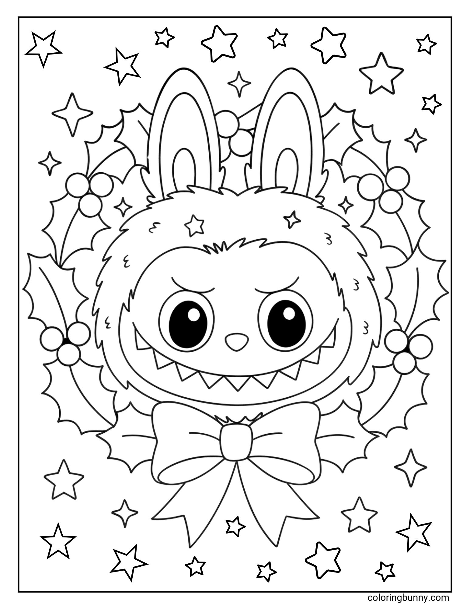 A black and white Labubu coloring page showing Labubu's head inside a holly wreath with a bow and stars in the background.