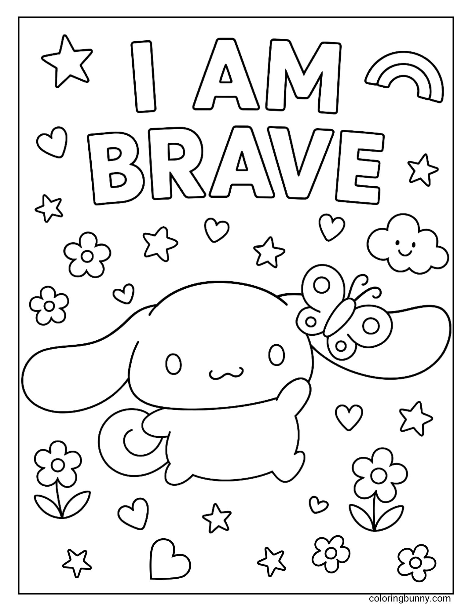 A Cinnamoroll coloring page with the words “I Am Brave” at the top. The Sanrio puppy stands surrounded by flowers, stars, hearts, a rainbow, and a smiling cloud, while a butterfly lands sweetly on his ear.
