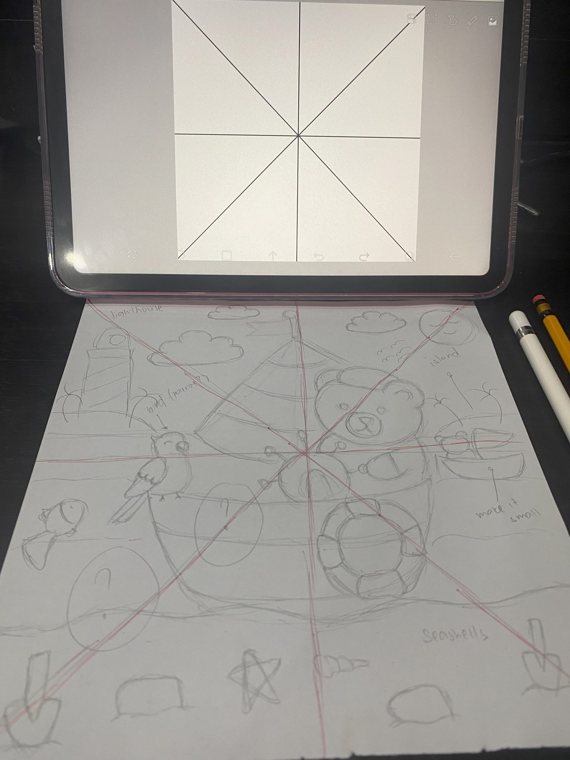I draw the same grid over my messy cozy summer sketch