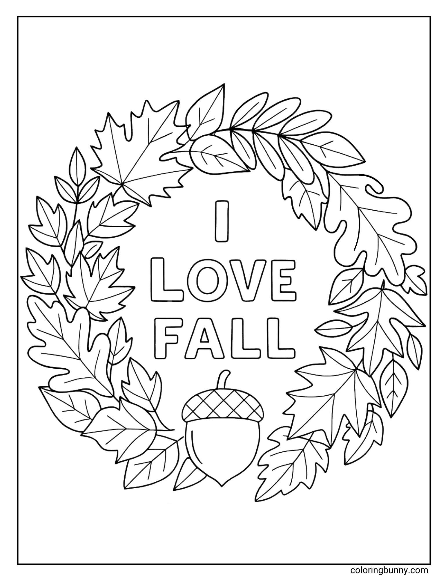 coloring page of a detailed autumn wreath made entirely of different kinds of leaves. In the center of the leafy wreath, the words 'I Love Fall' are written, and a single large acorn is tucked into the bottom.