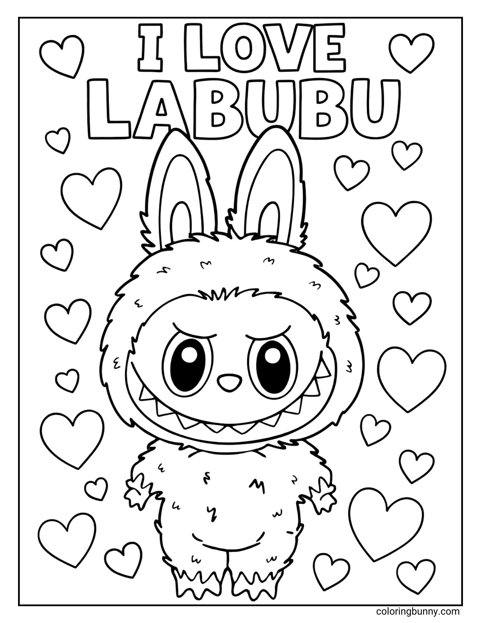 A black and white Labubu coloring page with the words "I LOVE LABUBU" at the top, showing Labubu standing among a variety of hearts.