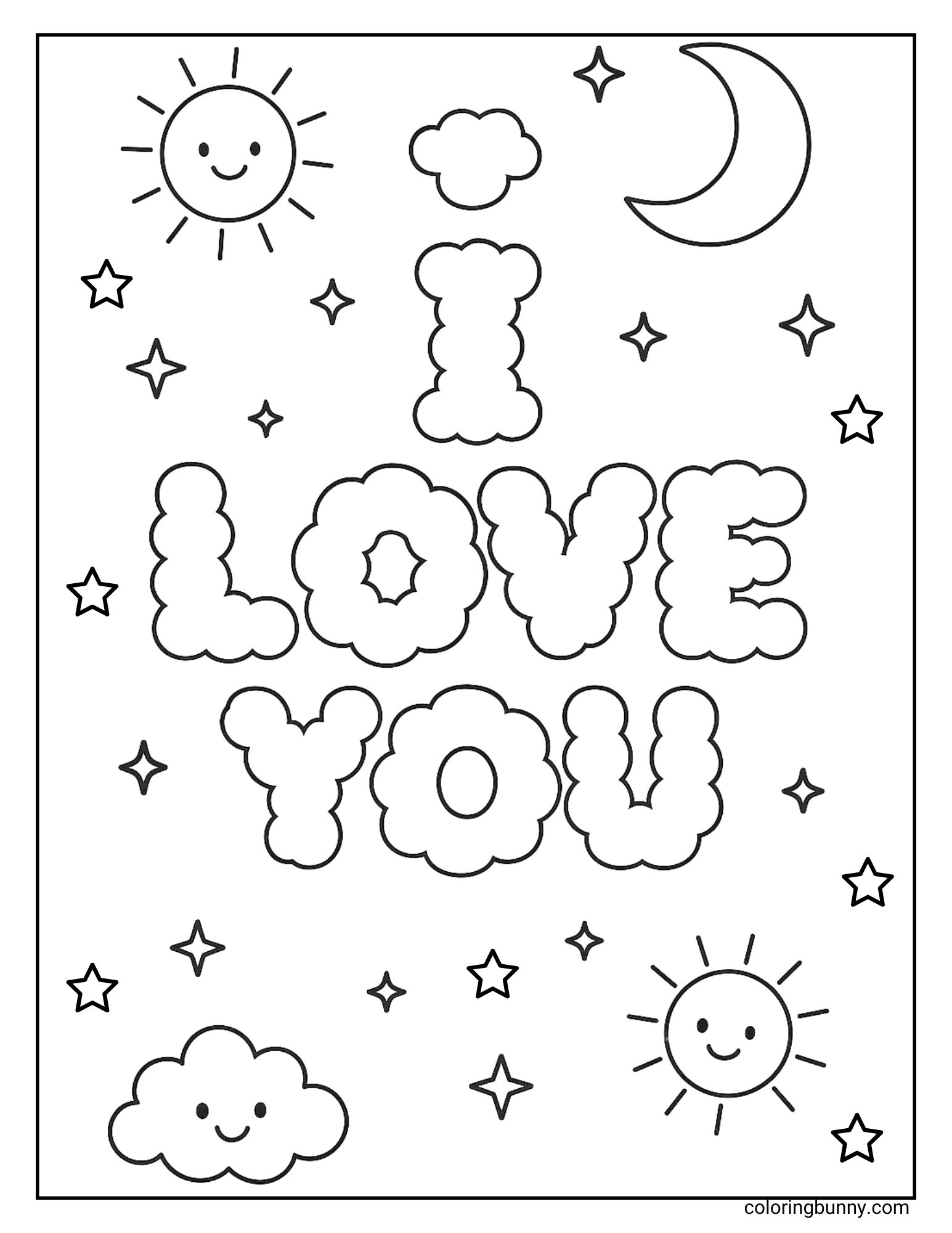A whimsical I Love You coloring sheet with fluffy cloud-shaped letters in the center, surrounded by smiling suns, a crescent moon, twinkling stars, and happy clouds.