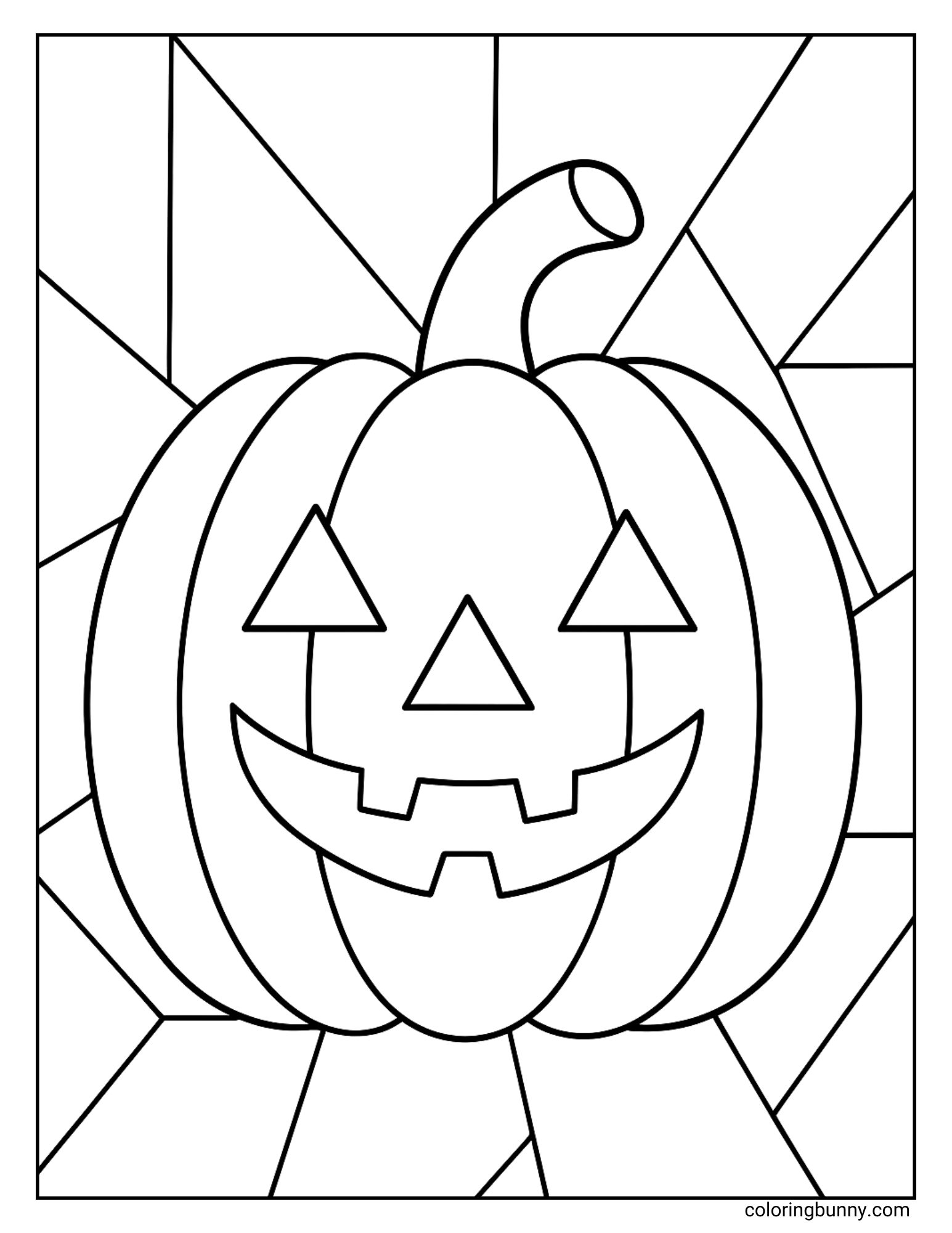 Coloring page of a jack-o’-lantern pumpkin with a smiling face and triangle eyes, set against a geometric patterned background.