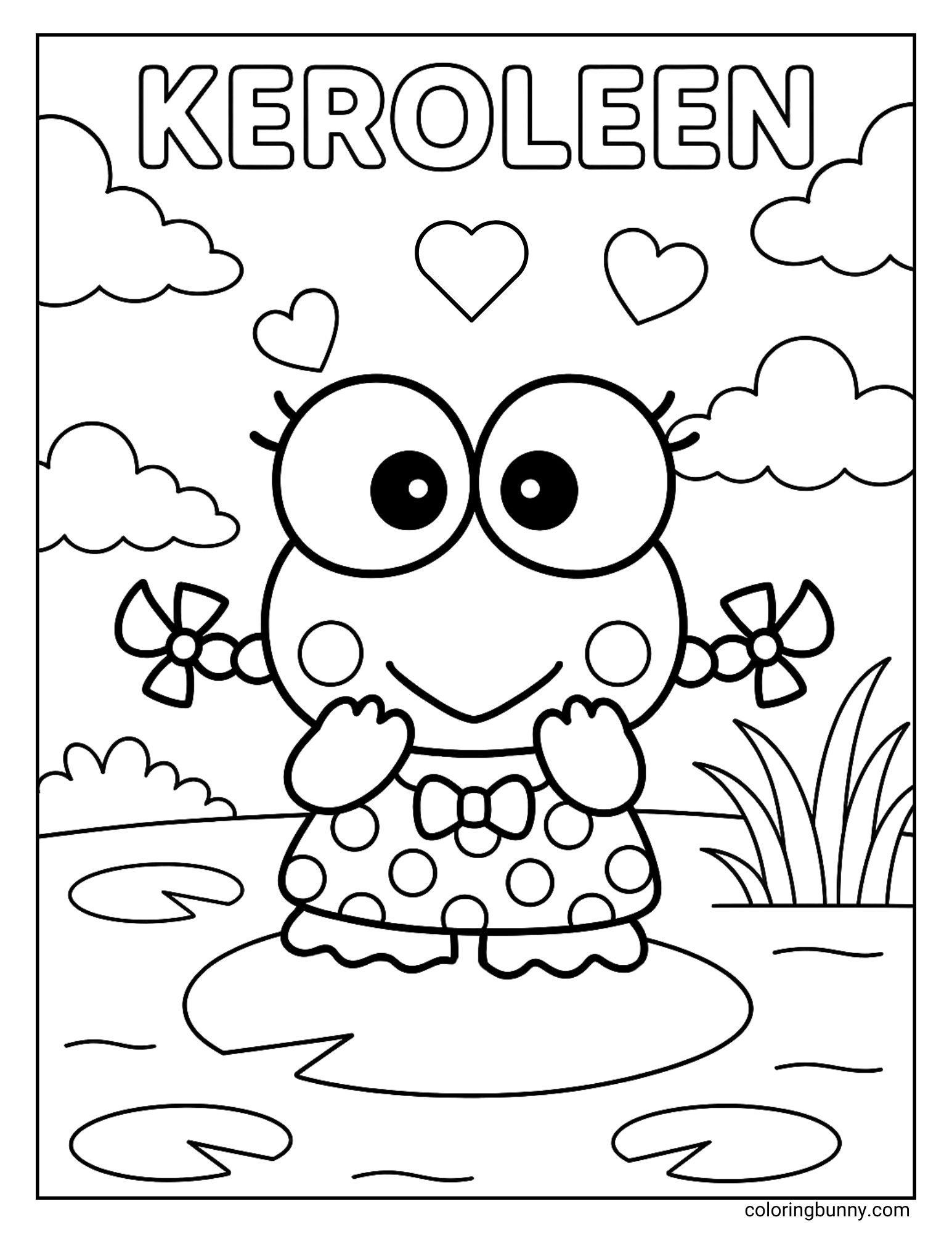 Coloring page of Keroleen, Keroppi’s girlfriend, smiling on a lily pad with bows in her hair, surrounded by hearts and clouds.