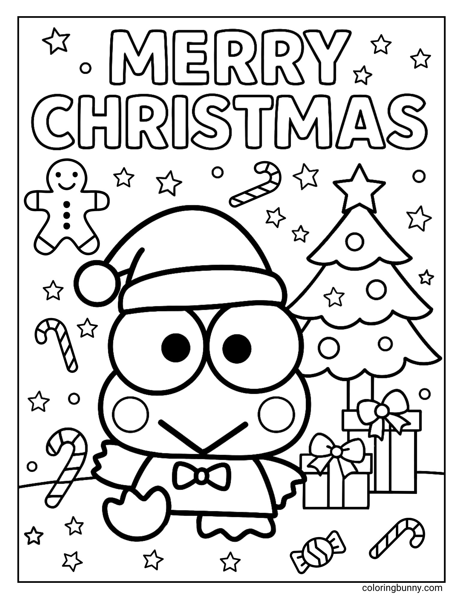 Christmas coloring page of Sanrio’s Keroppi wearing a Santa hat, surrounded by presents, a decorated tree, candy canes, and stars with “Merry Christmas” written above.