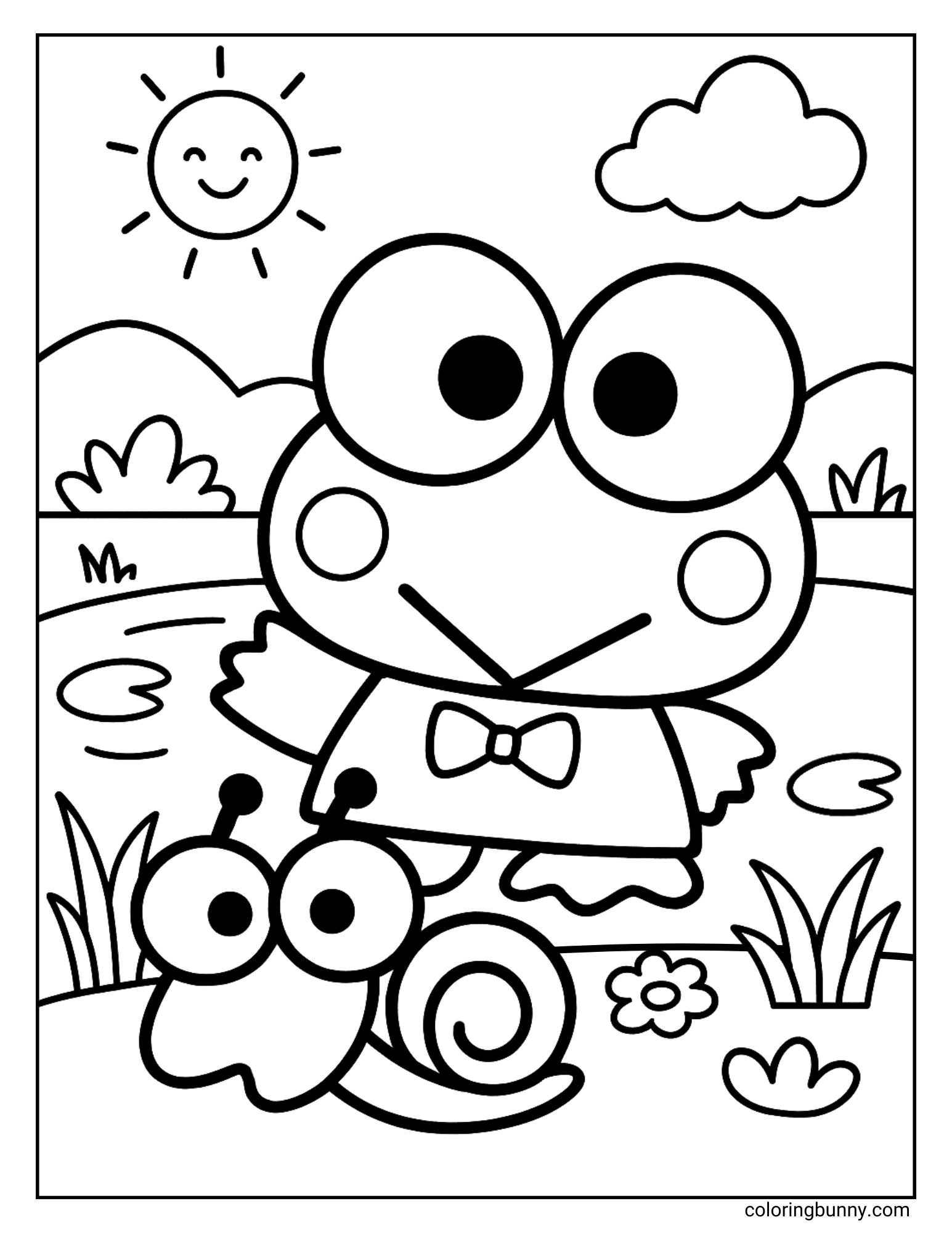 Coloring page of Sanrio’s Keroppi standing beside his snail friend Den Den near a pond on a sunny day with flowers, grass, clouds, and lily pads in the background.