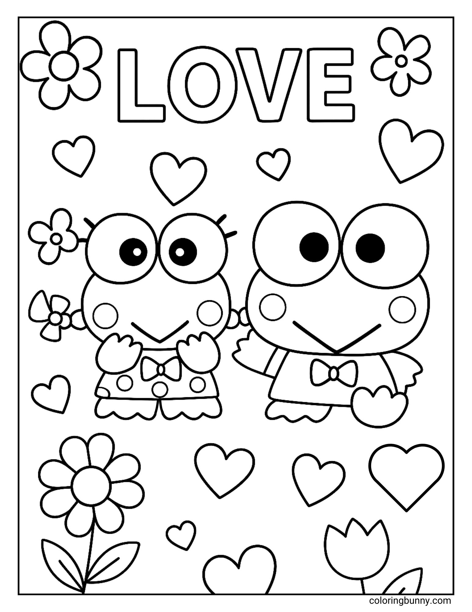 Keroppi coloring page featuring Keroppi and Keroleen standing and holding hands. The word "LOVE" is written above them, and the background is filled with hearts and flowers.