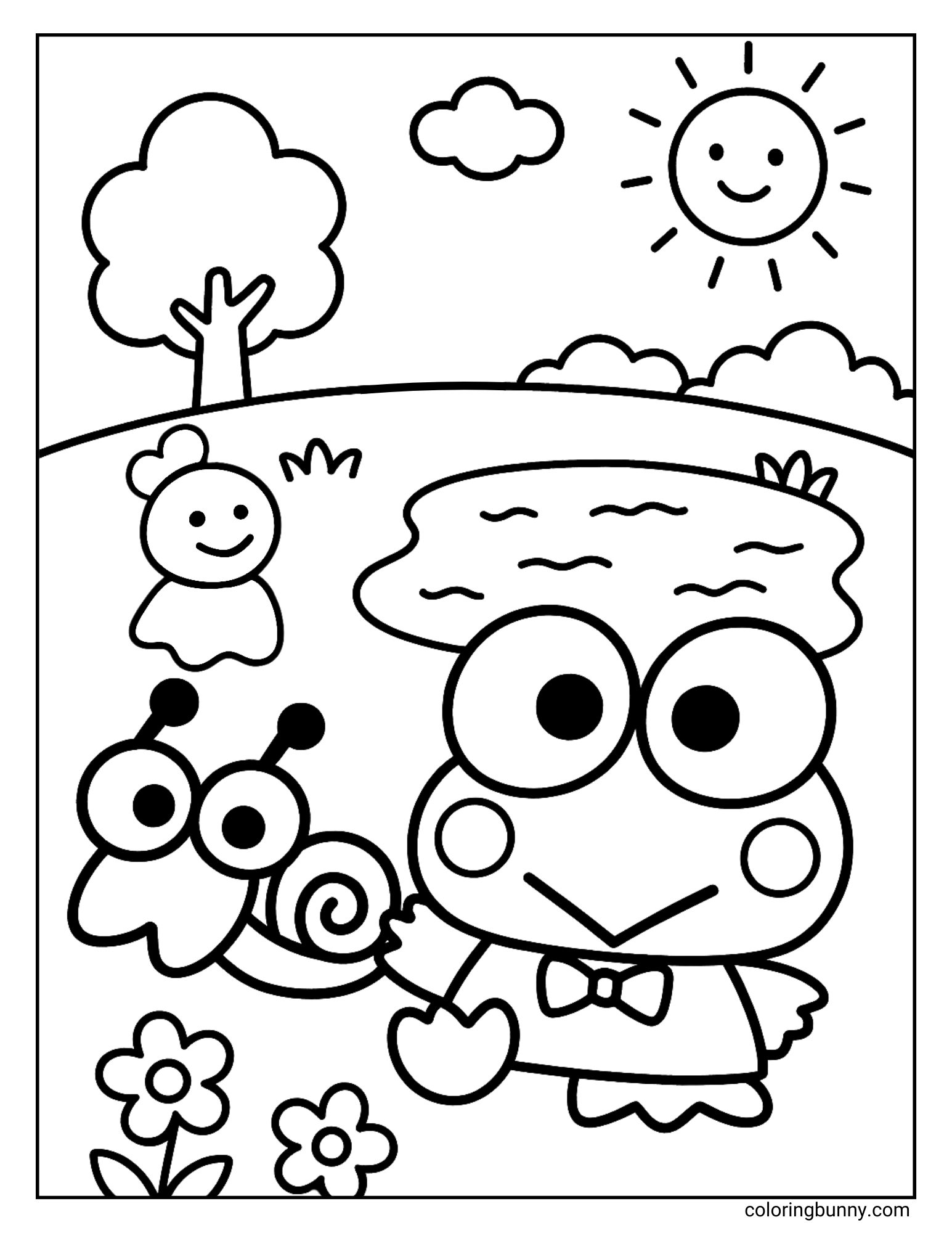 Keroppi coloring page of Keroppi holding hands with his friend the snail Den Den. They are with their friend Teru Teru in a park with a pond, trees, and flowers under a smiling sun.