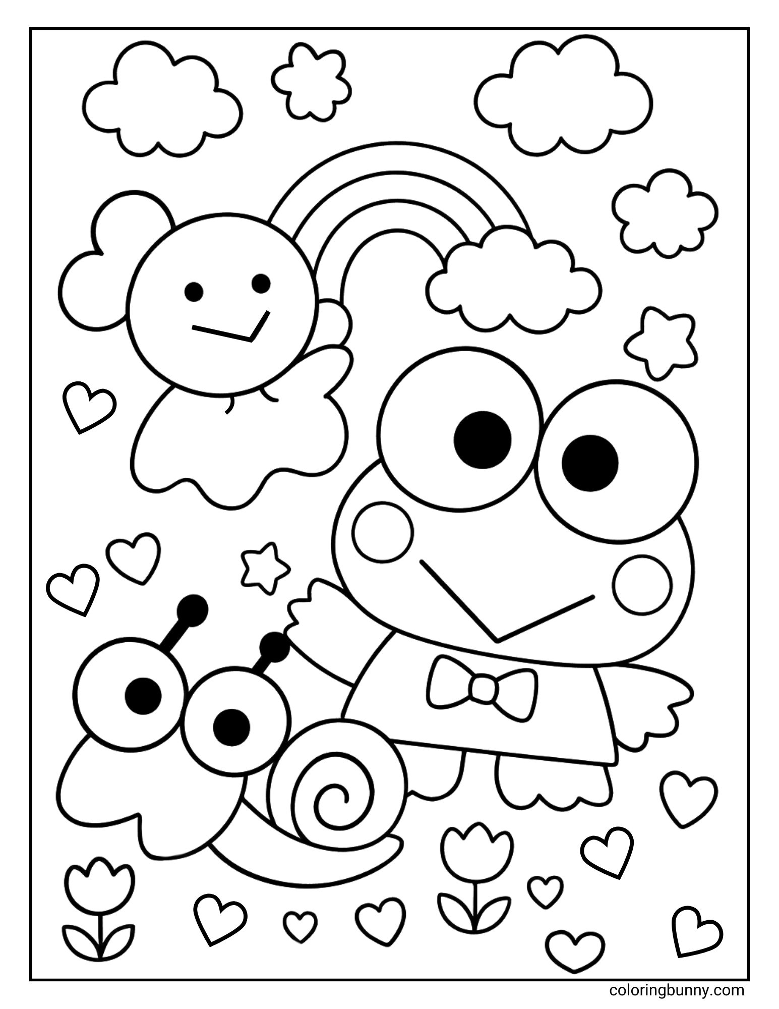 Coloring page of Keroppi with his snail friend Den Den under a rainbow, with tulips, hearts, clouds, and stars filling the background.