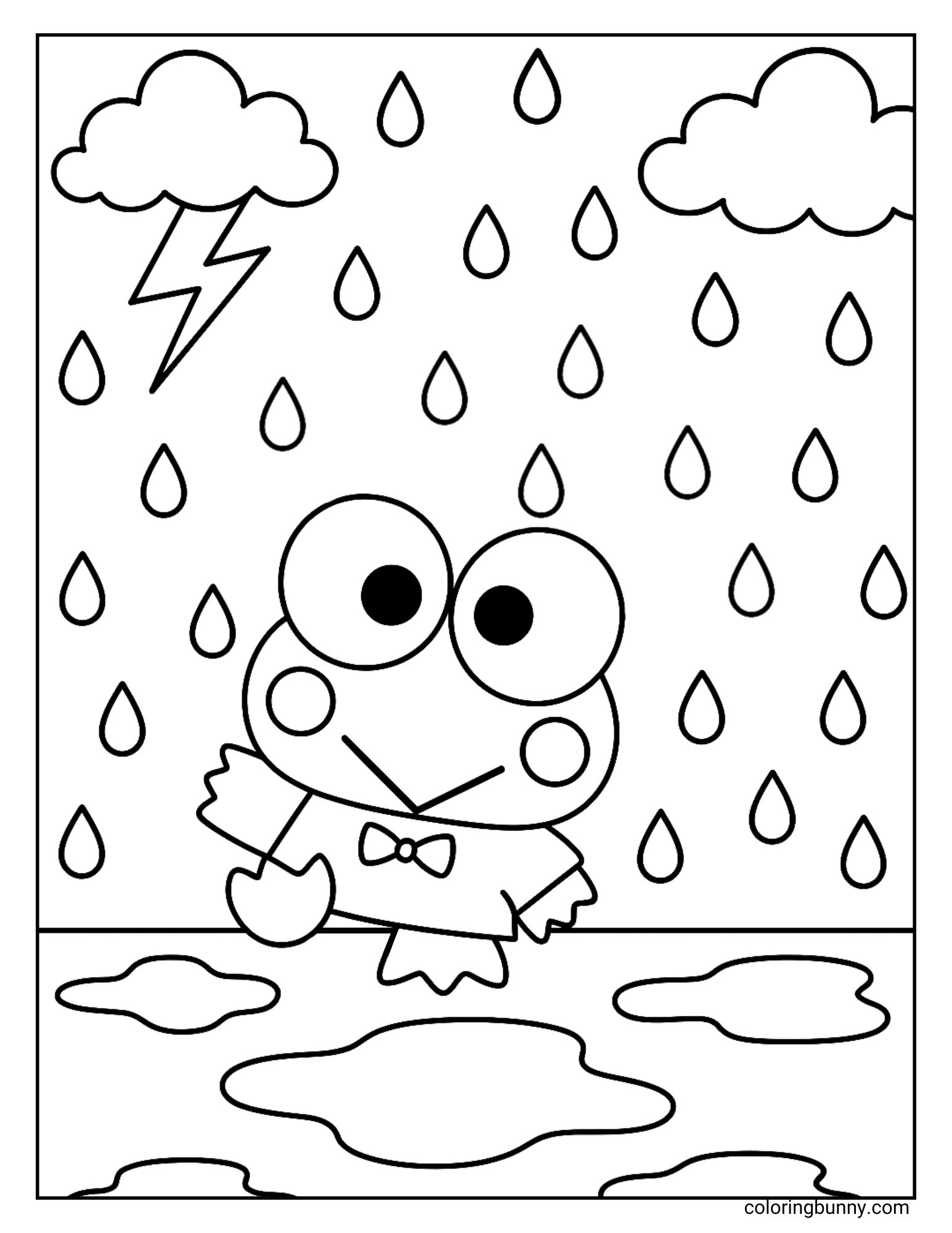 Coloring sheet of Sanrio’s Keroppi happily splashing in puddles during a rainstorm with big raindrops, clouds, and lightning in the sky.