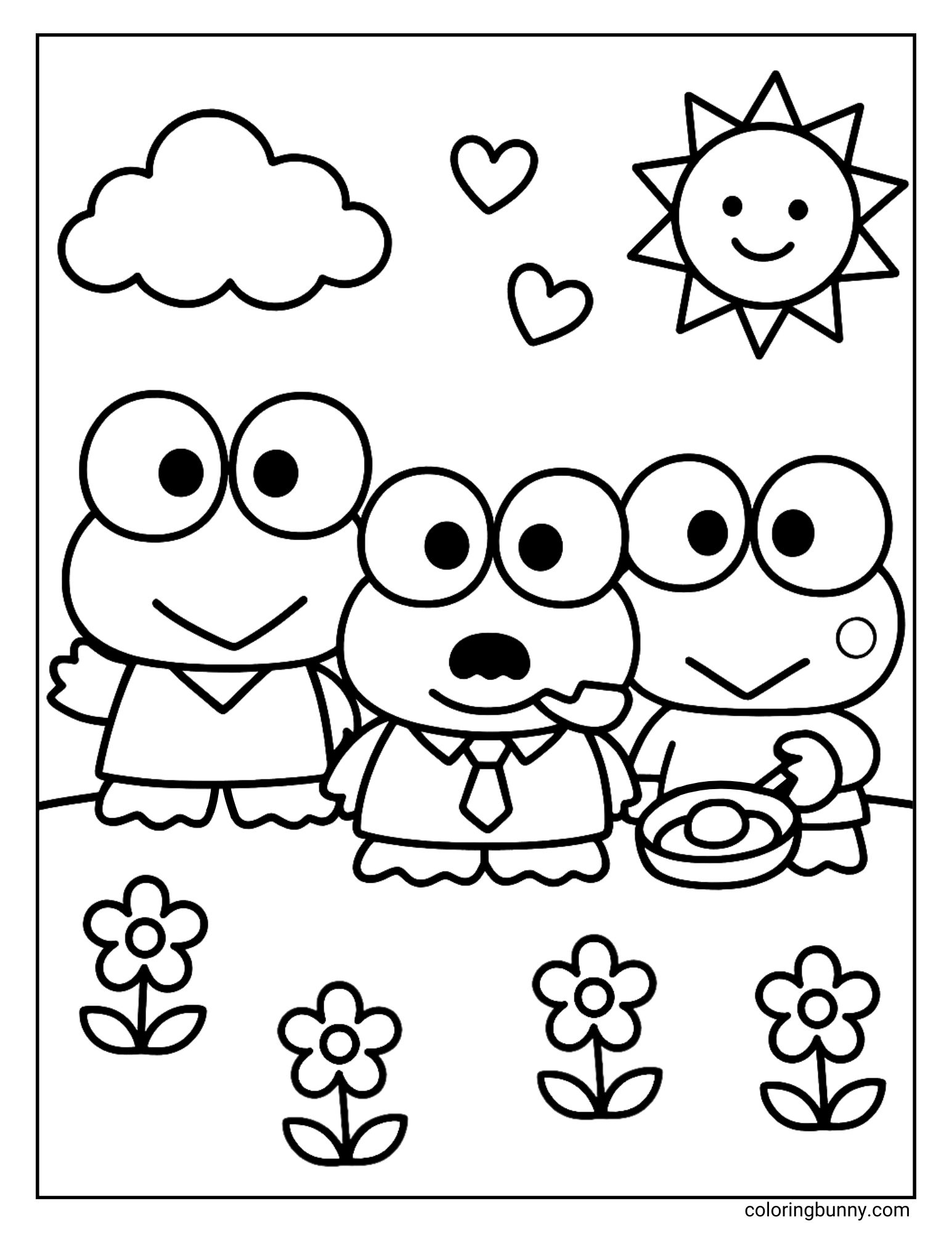 Keroppi coloring sheet featuring Sanrio’s Keroppi with his parents, standing in a flower field under a smiling sun with hearts floating above them.