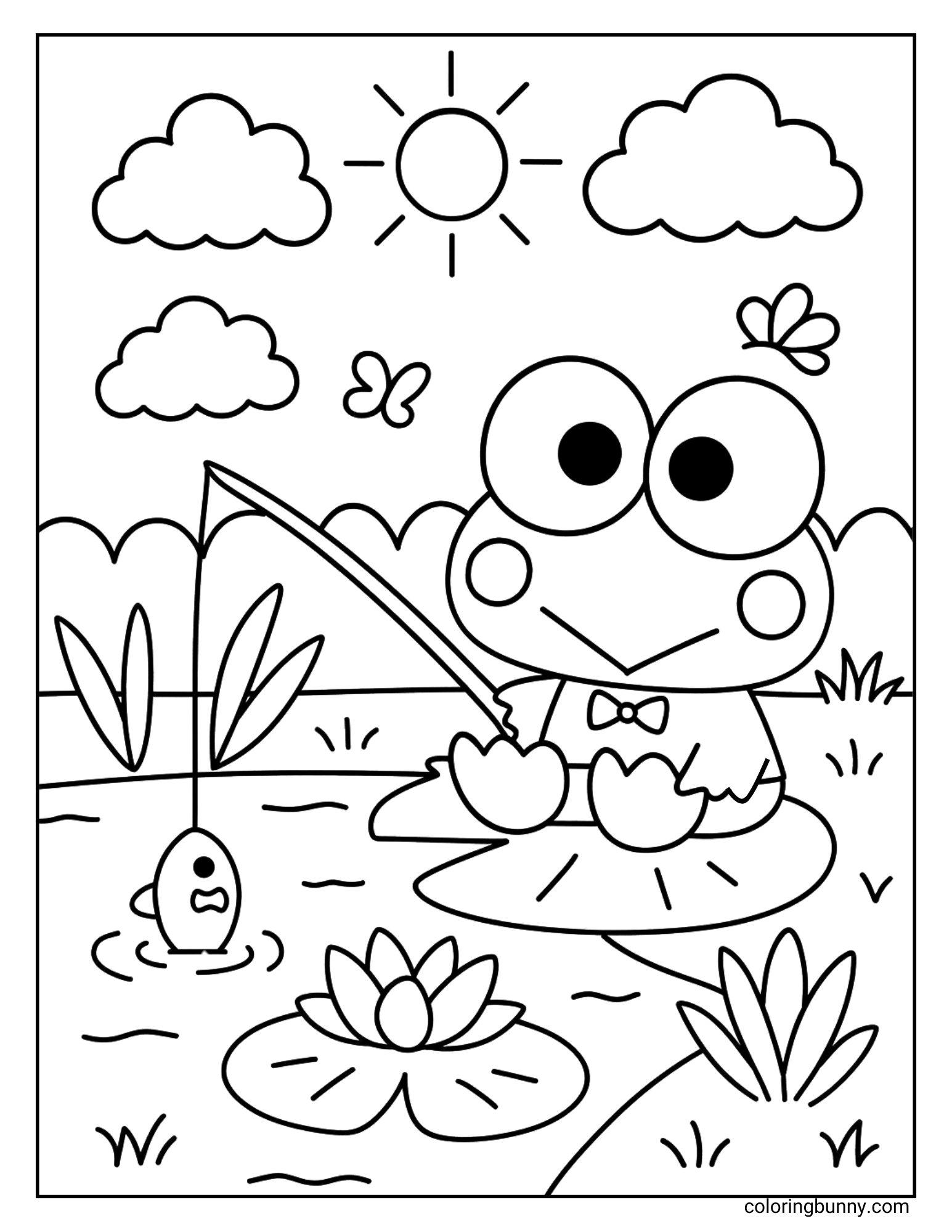 Coloring page of Keroppi fishing on a lily pad with a wide-eyed fish at the end of his line, surrounded by water lilies, butterflies, and fluffy clouds.