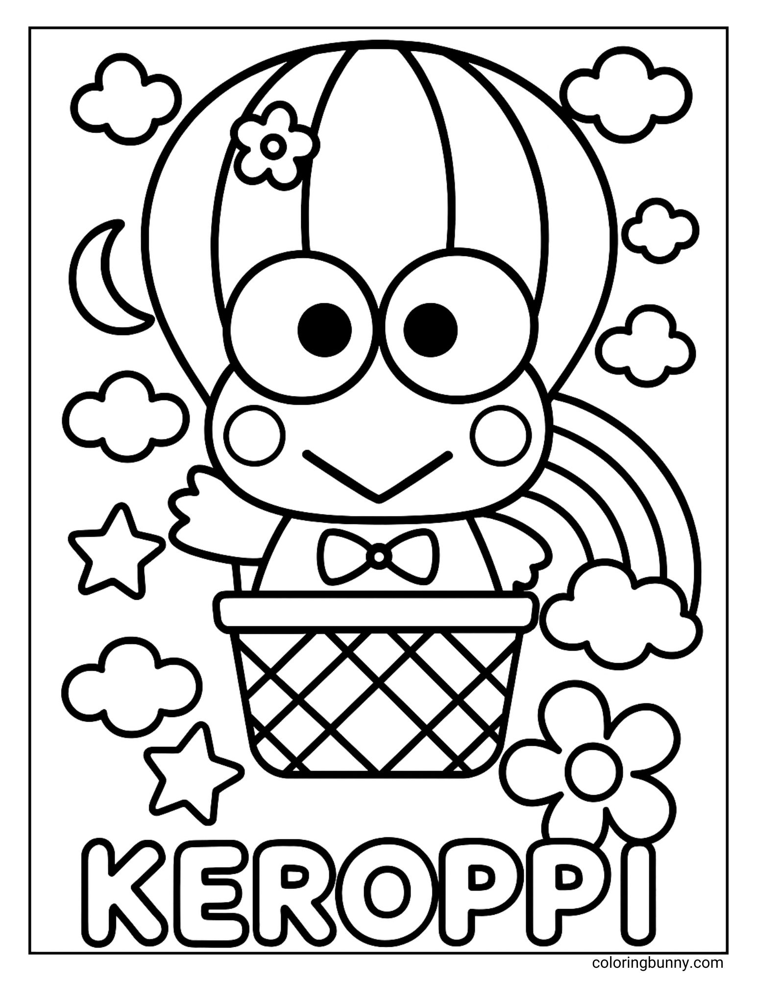 Coloring page of Keroppi flying in a hot air balloon, with a crescent moon, stars, clouds, and a rainbow. A flower is on the balloon, and the name KEROPPI is at the bottom of the sheet.