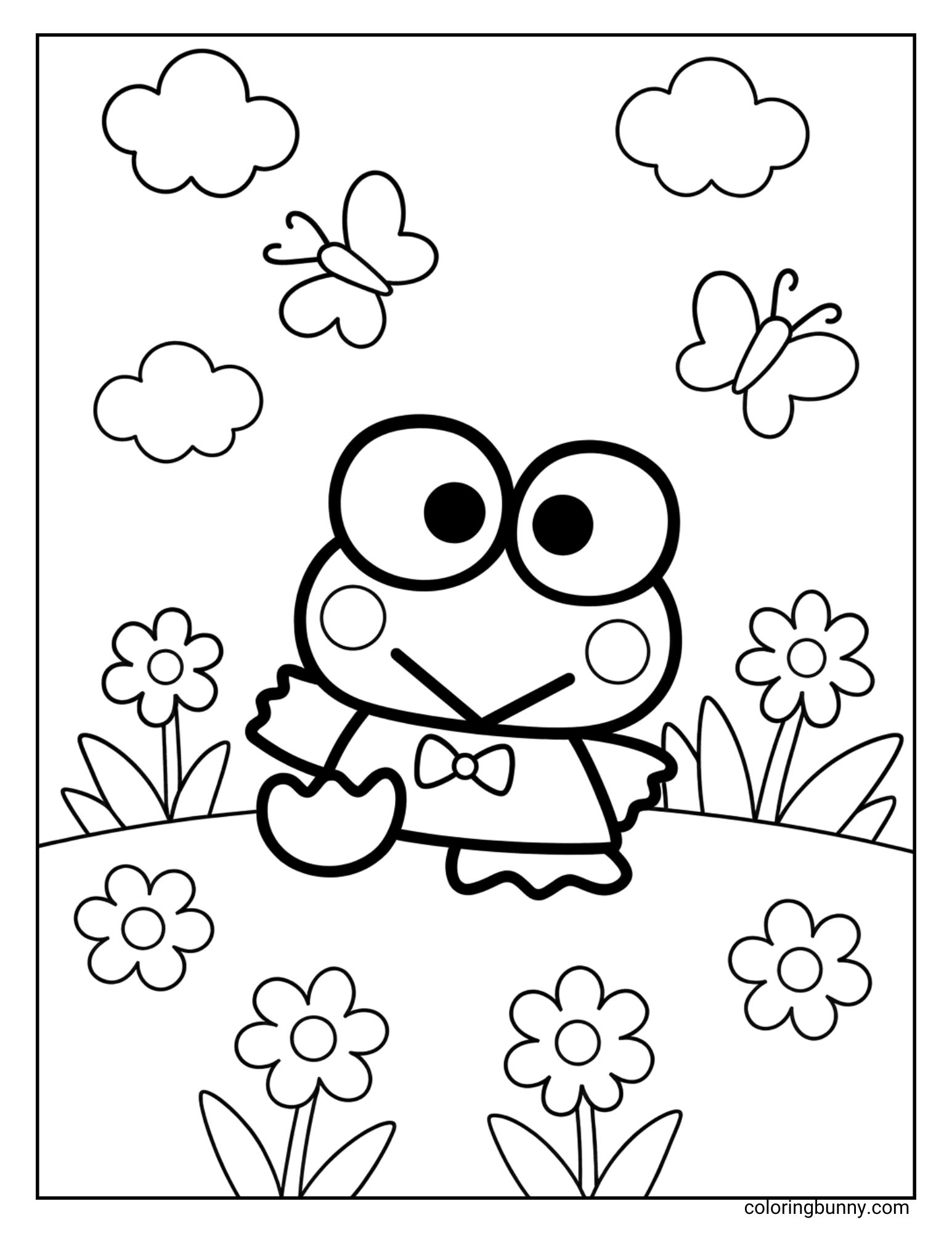 A Keroppi coloring page showing the cheerful frog character sitting in a flower-filled meadow. Butterflies flutter around him, fluffy clouds float in the sky, and tall grass frames the scene.