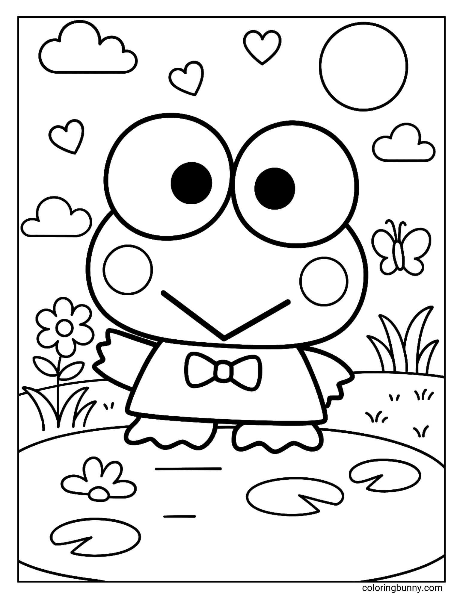 Coloring sheet of Sanrio’s Keroppi standing happily by a pond with lily pads, flowers, grass, clouds, and a butterfly fluttering nearby.