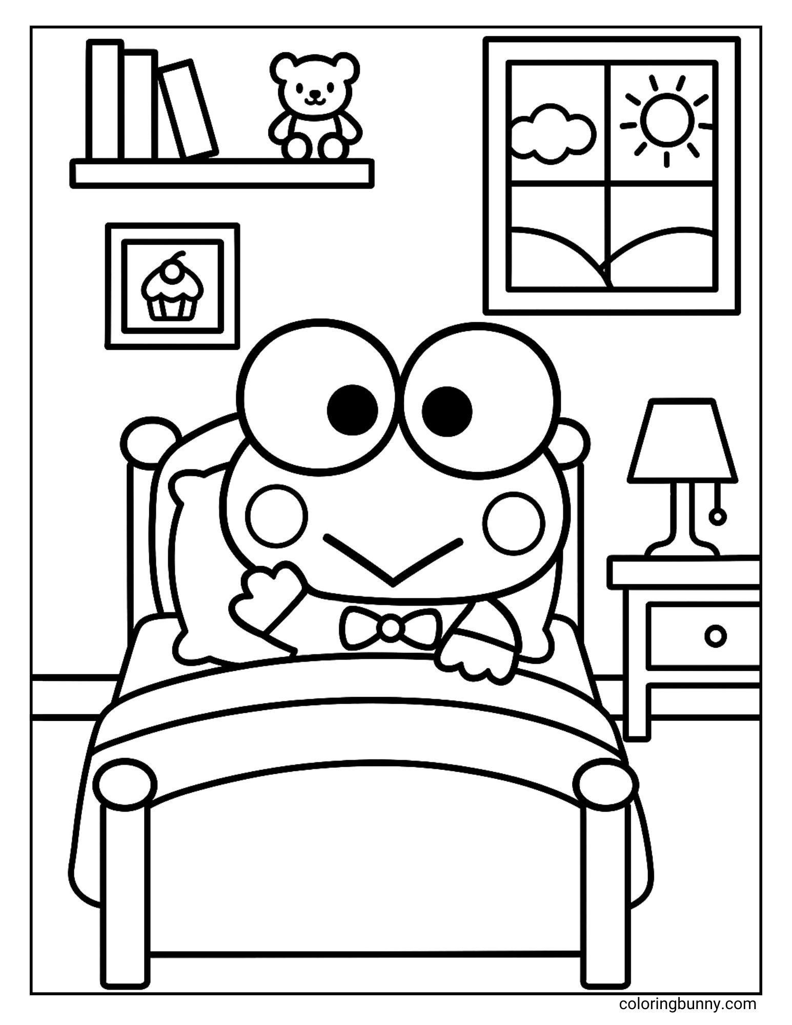 Coloring page featuring Keroppi lying in bed, wearing his signature bow tie. A teddy bear and books sit on a shelf above, while a framed cupcake picture and sunny window brighten the cozy room. A small lamp on the bedside table completes this cheerful and peaceful bedroom scene for children to color.