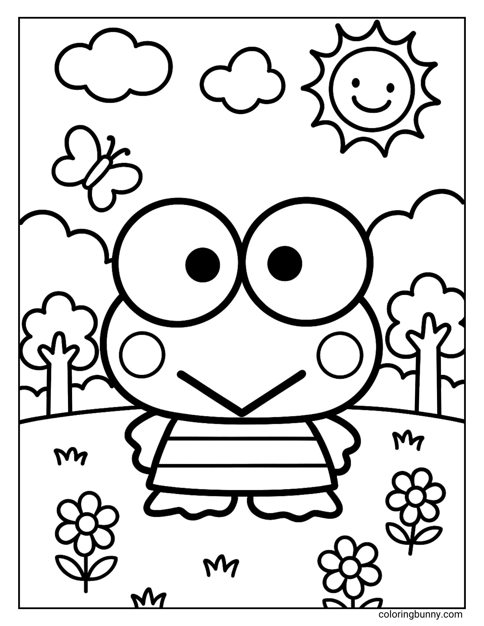Fun Keroppi coloring page of the Sanrio frog standing in a sunny park with flowers, trees, fluffy clouds, and a smiling sun above.
