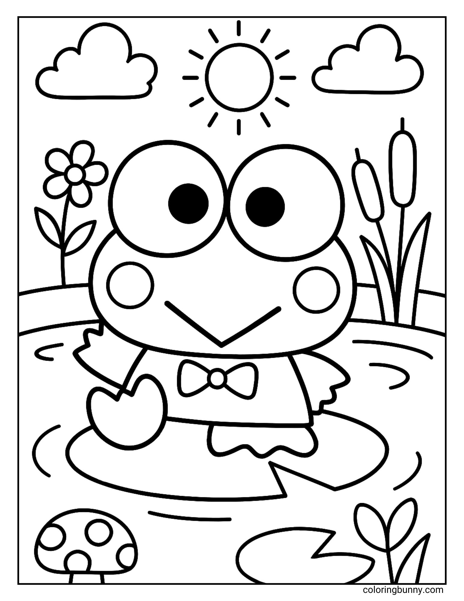 Coloring page of Sanrio’s Keroppi sitting on a lily pad in a sunny pond with cattails, flowers, mushrooms, and clouds in the background.