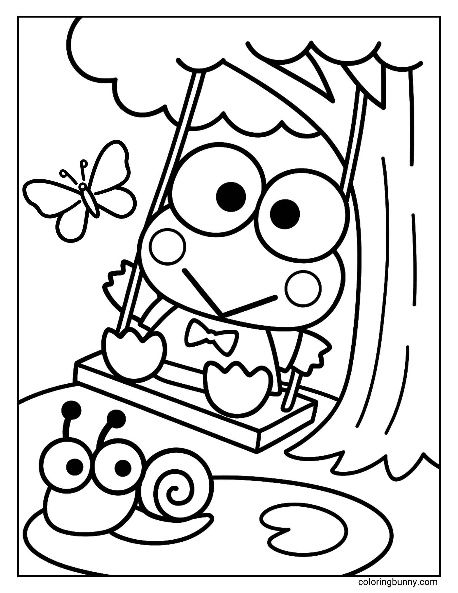 Cute Keroppi coloring page of the Sanrio frog swinging on a tree swing with a butterfly flying nearby and a happy snail by the pond.