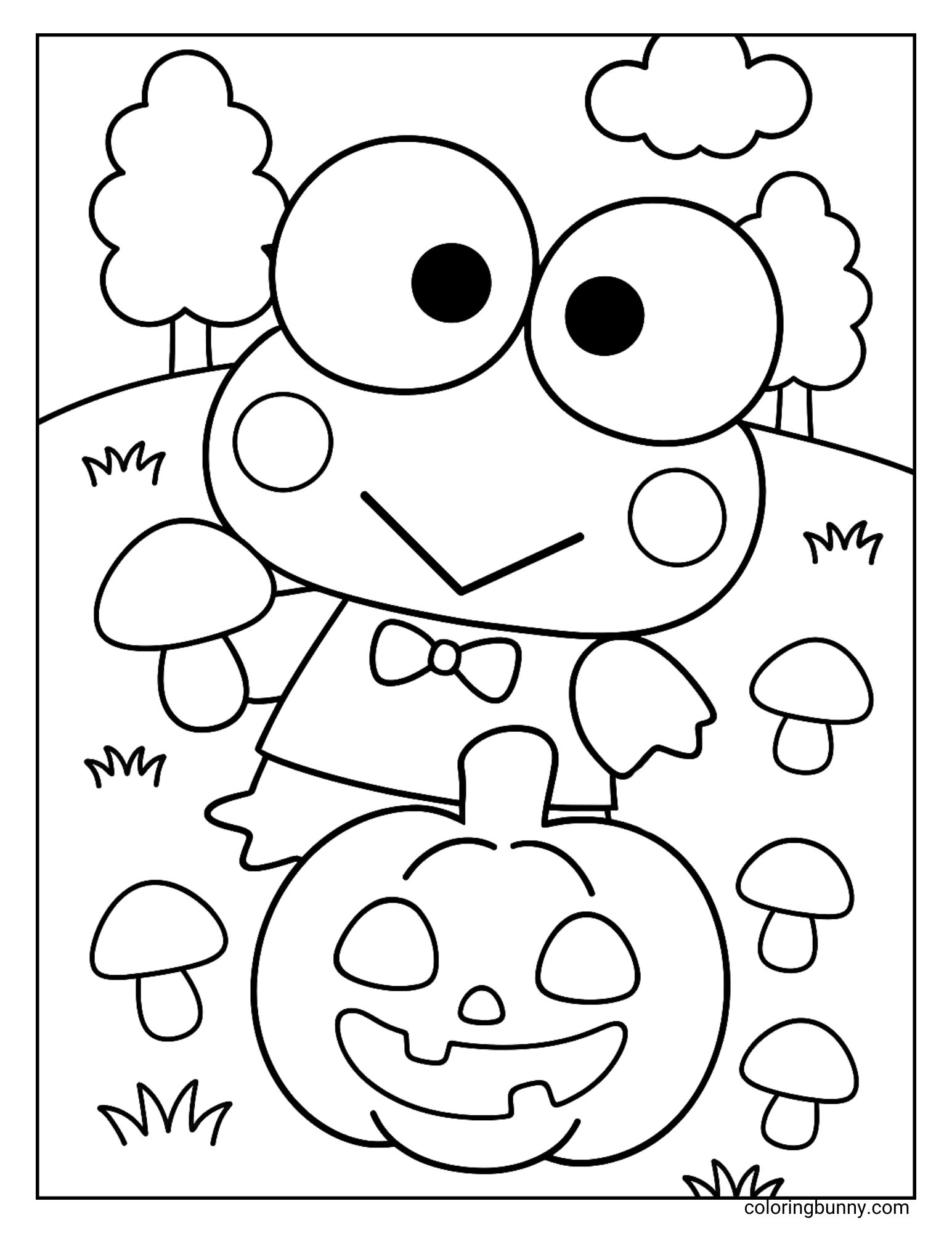 A Keroppi coloring page featuring the Sanrio frog holding a mushroom next to a carved pumpkin. The background shows trees, clouds, and more mushrooms scattered around the grassy field.