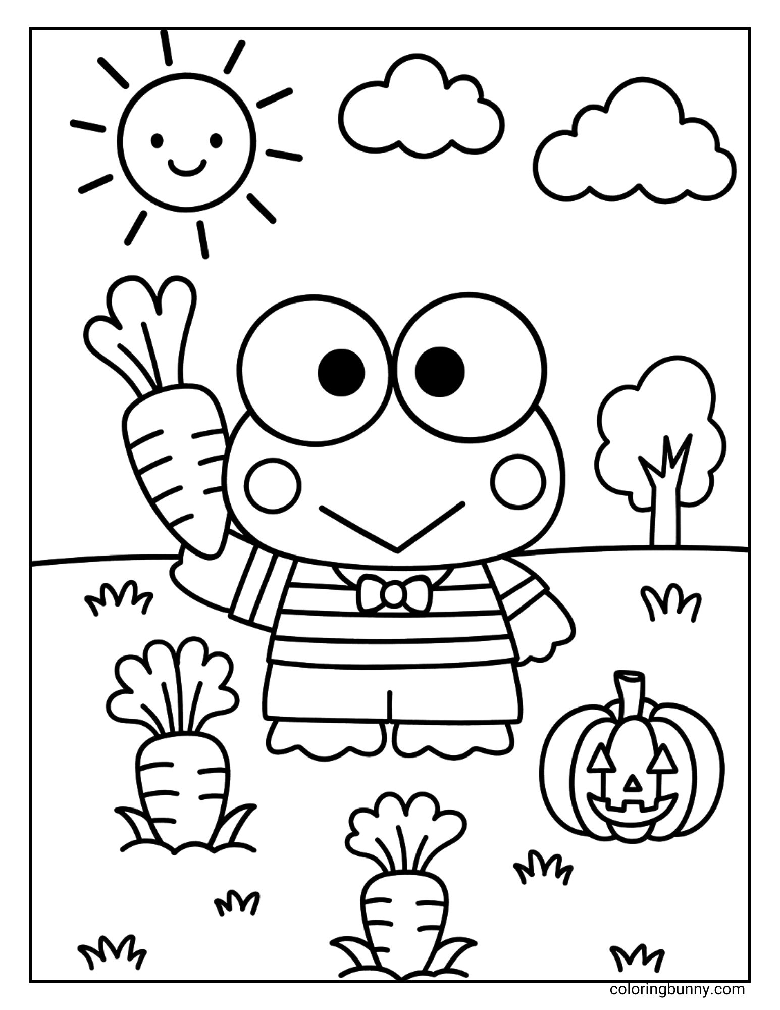 Keroppi coloring page featuring the frog character in a striped shirt and bow tie, holding up a carrot. He stands in a garden with more carrots growing, a happy jack-o’-lantern pumpkin, trees, fluffy clouds, and a smiling sun above.