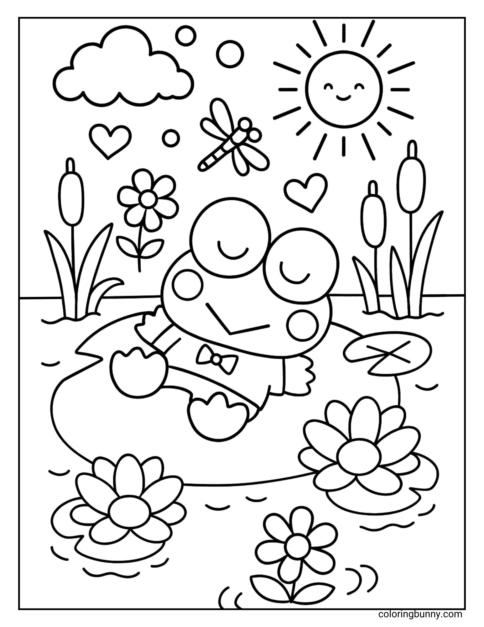 Coloring page of Keroppi, the Sanrio frog, sleeping on a lily pad in the pond with blooming flowers, cattails, a smiling sun, and a dragonfly flying nearby.