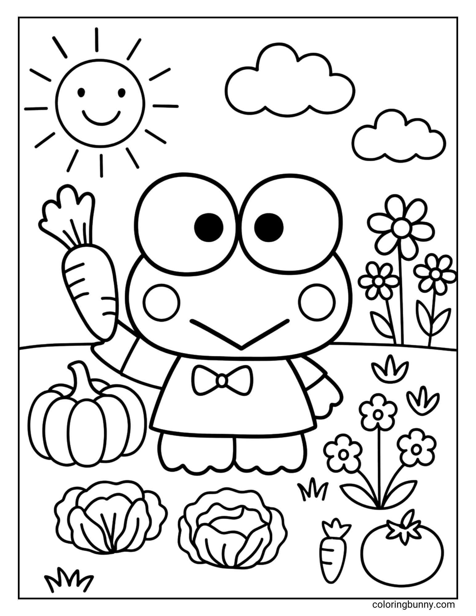 Keroppi coloring page of him standing in a garden with a big carrot. The garden has a pumpkin, cabbage, a tomato, and flowers under a smiling sun and clouds.