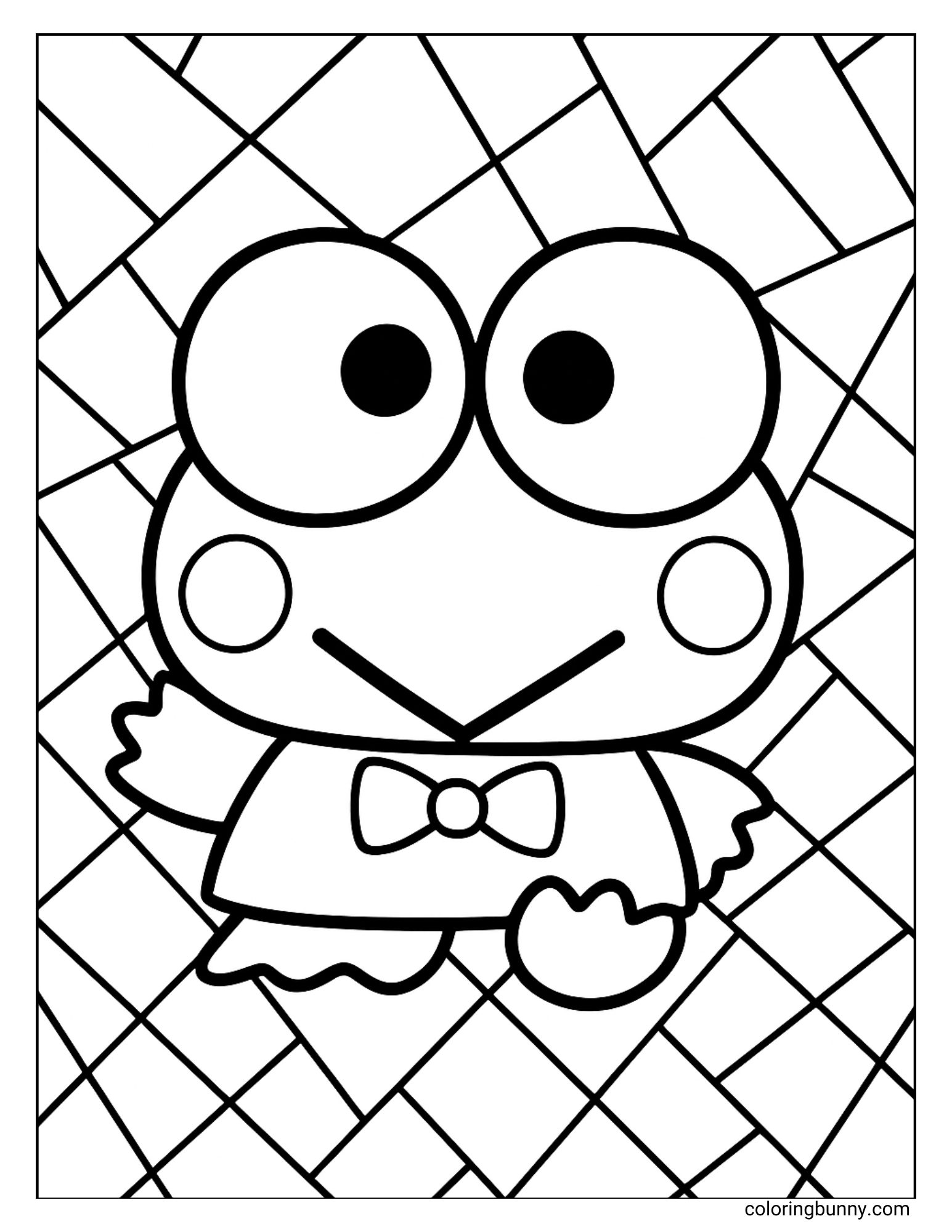 Keroppi coloring page featuring a close-up of Keroppi standing against a background of intersecting lines creating many geometric shapes.